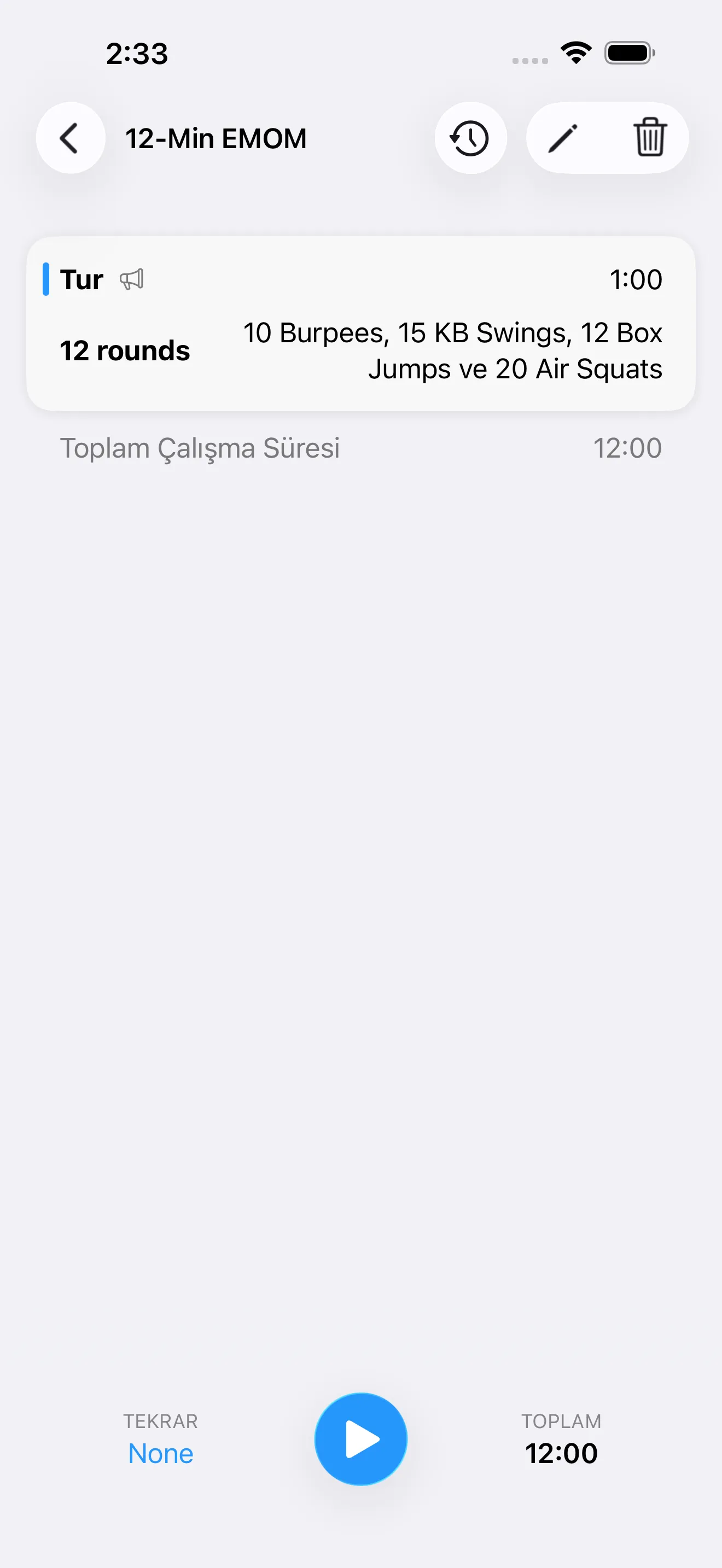 EMOM timer setup screen before starting