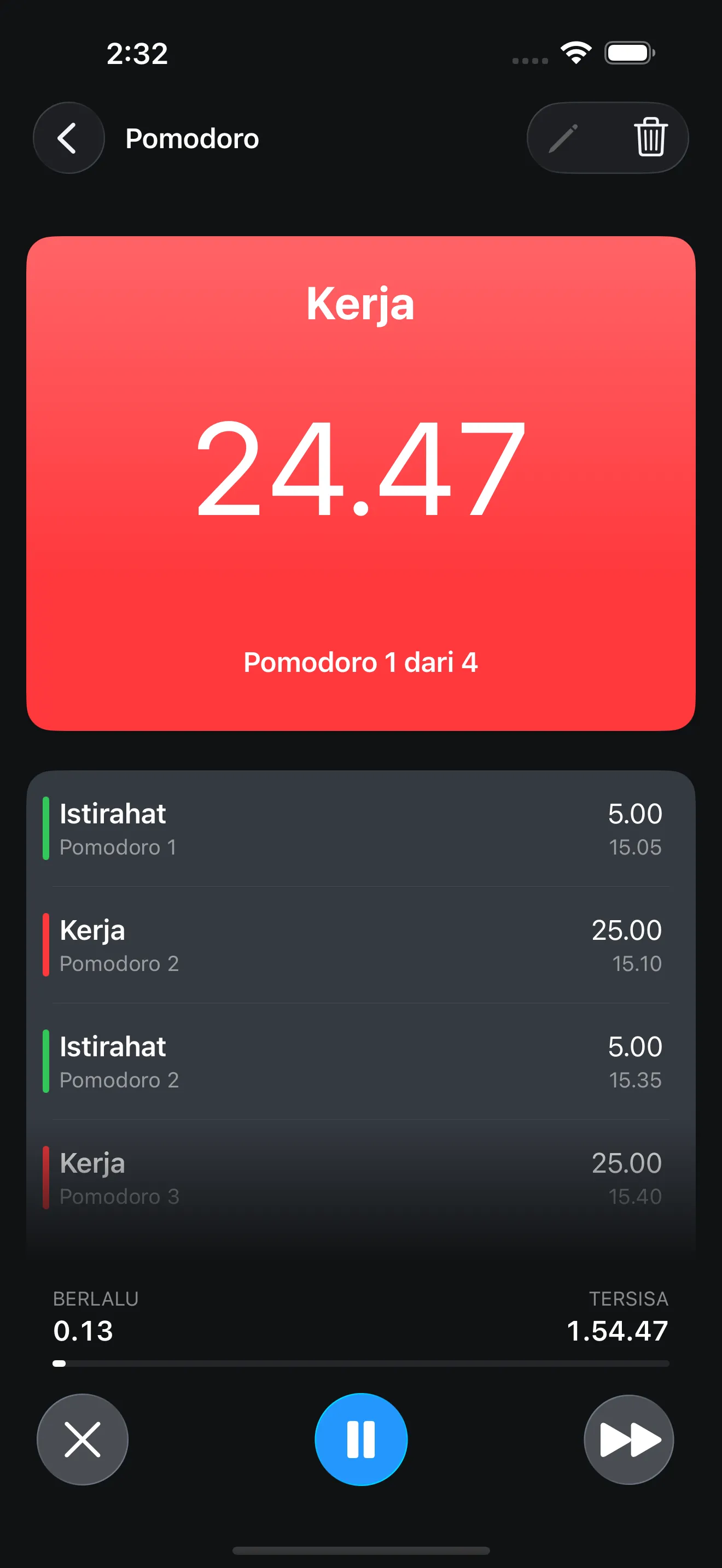 Pomodoro timer running in focus mode
