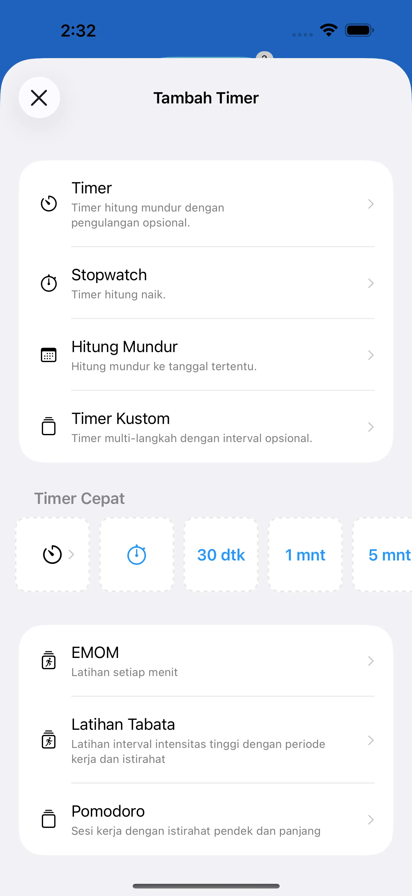 Timer catalog with ready-made timer templates