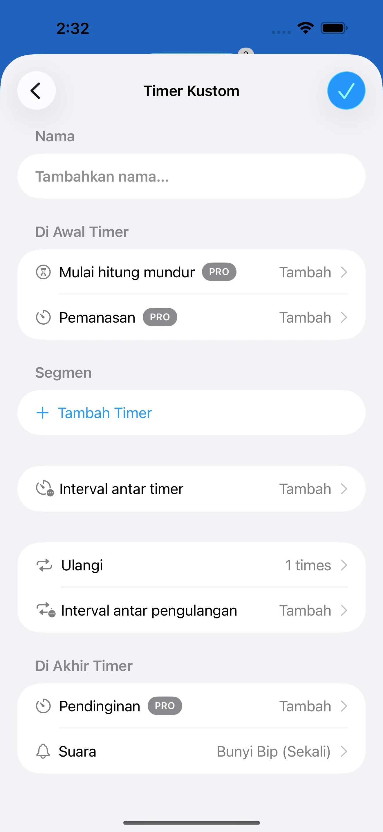 Custom interval timer editor with segment controls