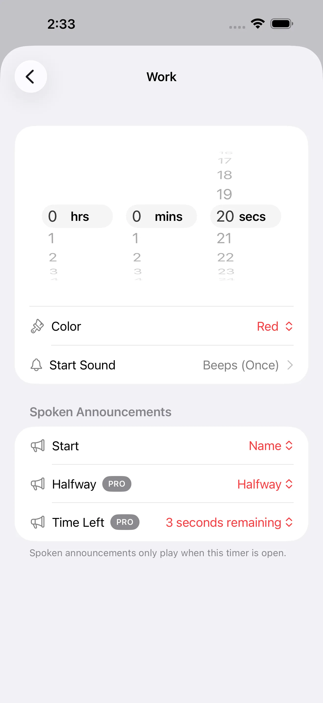 Tabata timer editor for work segments