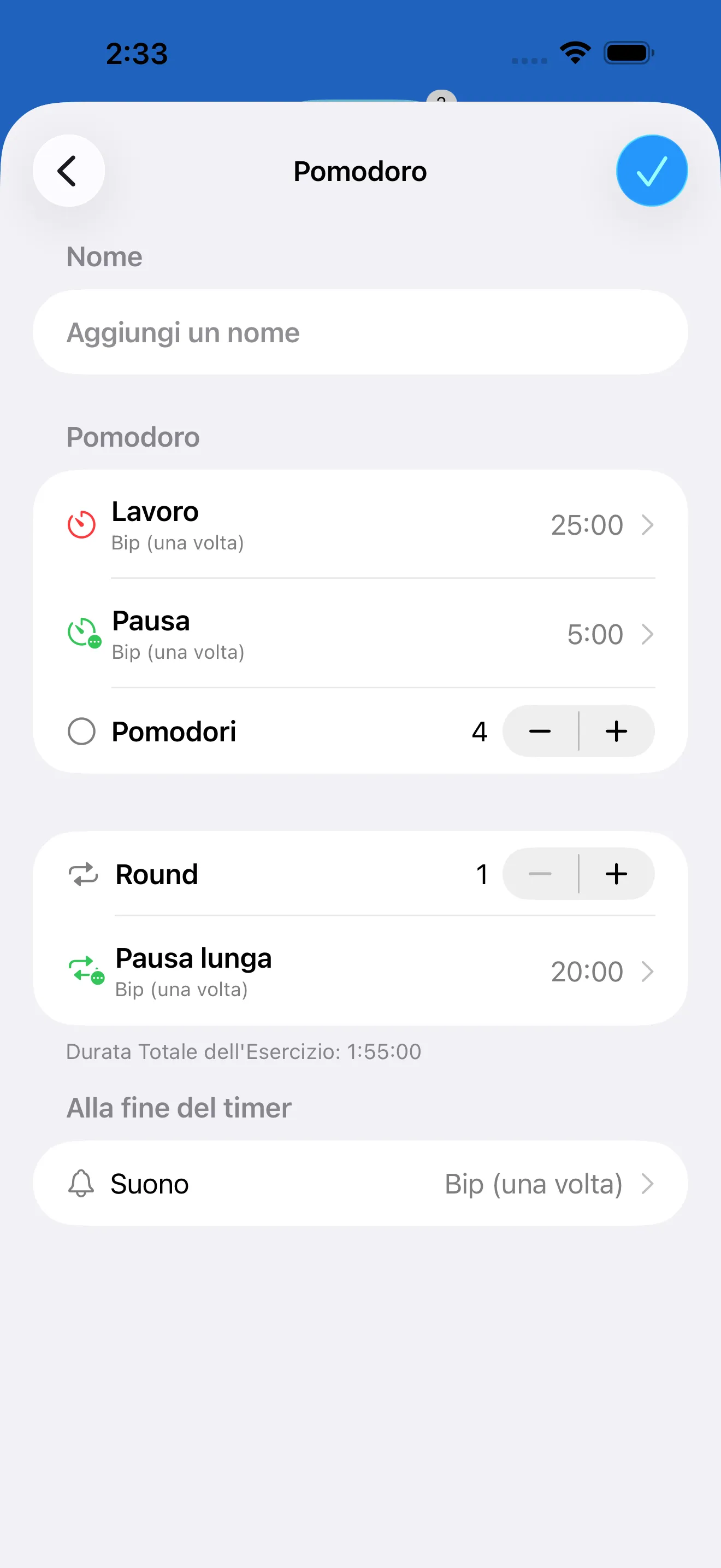 Pomodoro timer editor with work and break intervals