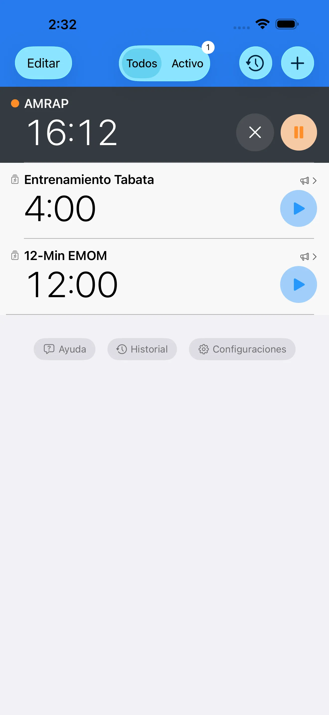 CrossFit timer list with EMOM, AMRAP, and Tabata presets