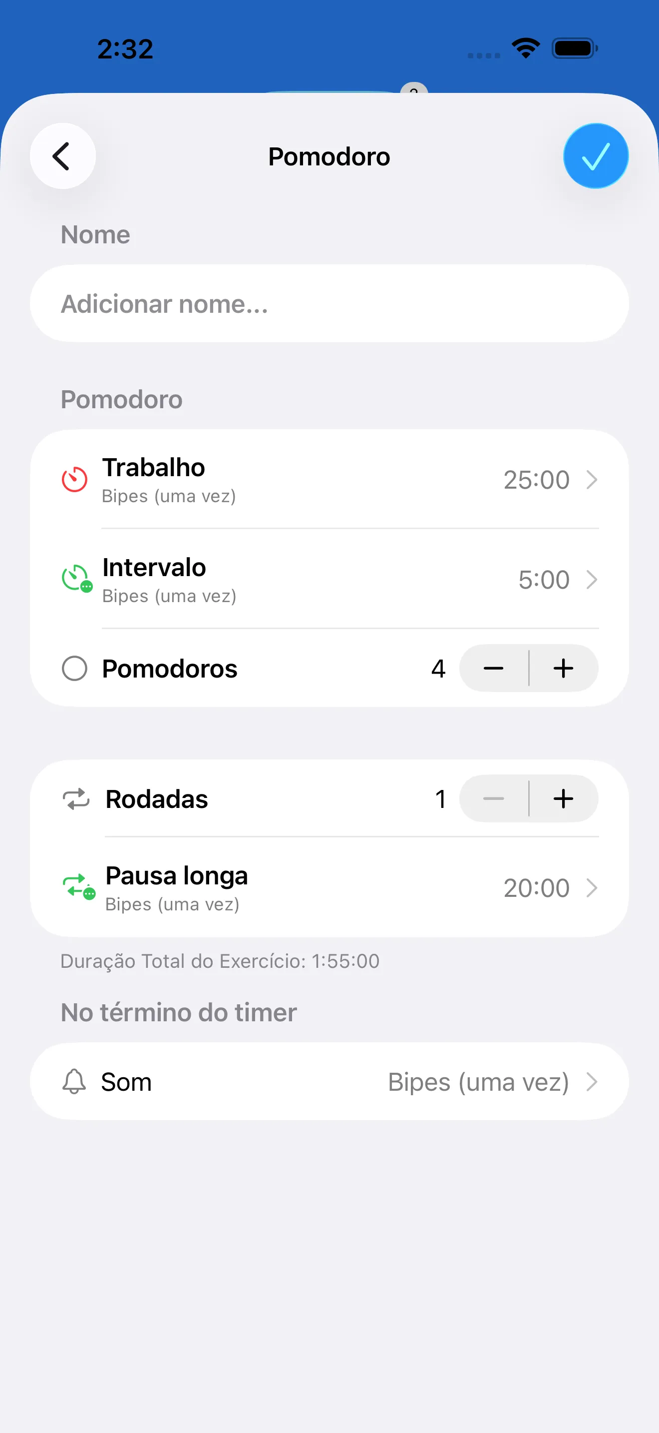 Pomodoro timer editor with work and break intervals