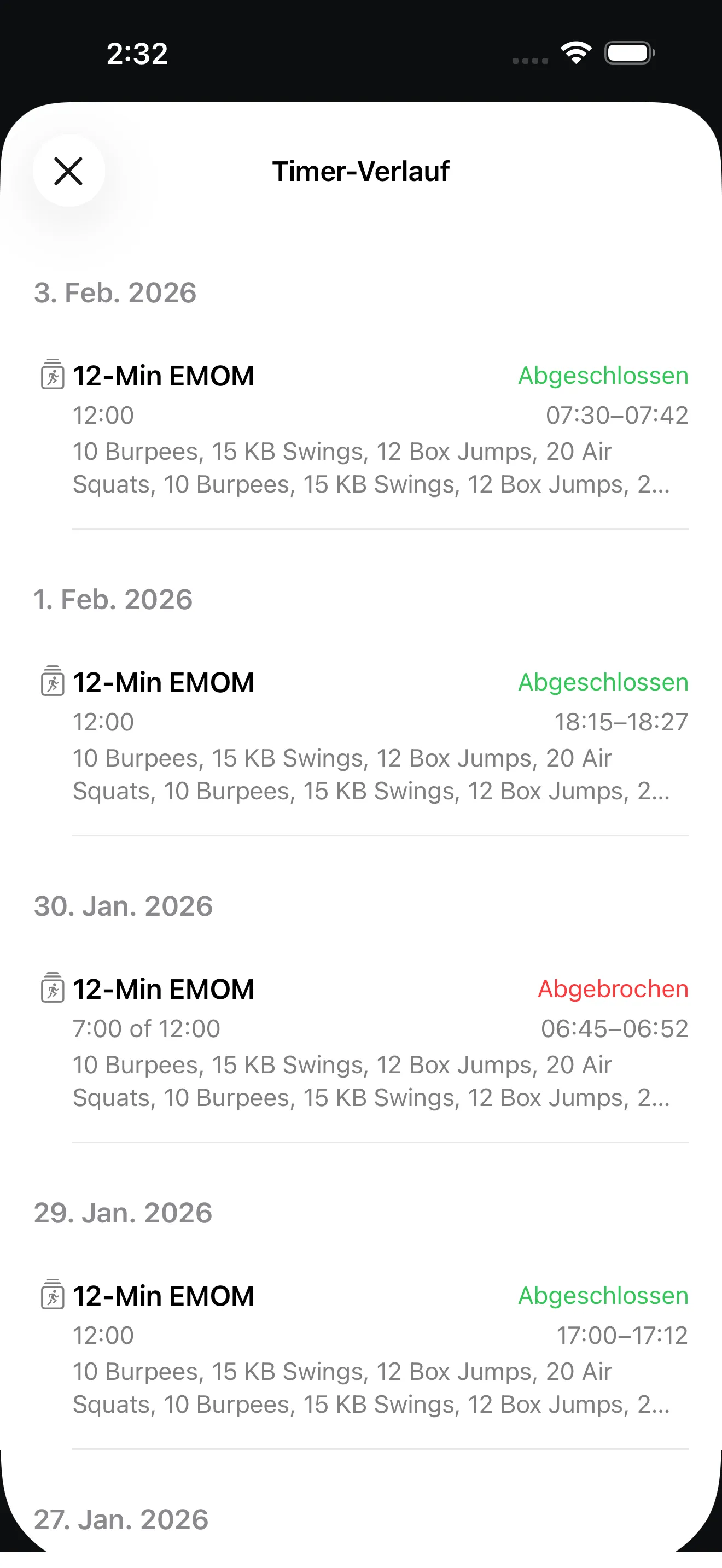 EMOM timer history view