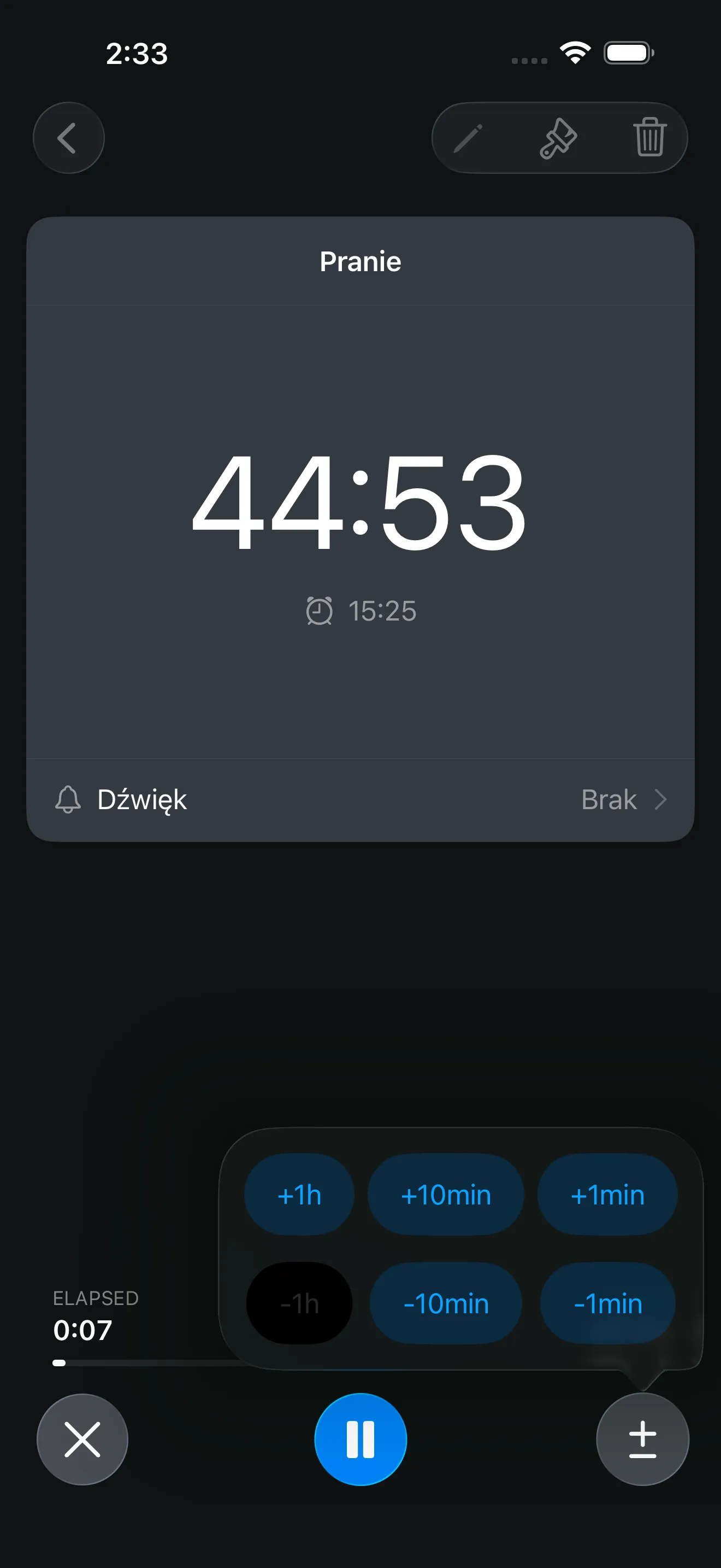 Countdown timer in progress while adjusting duration