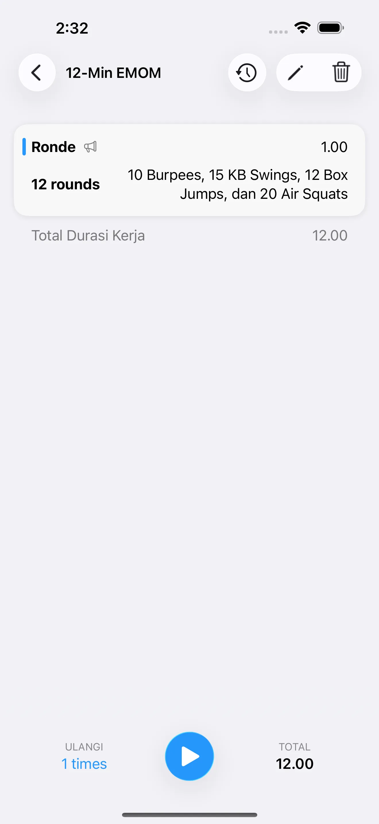 EMOM timer setup screen before starting