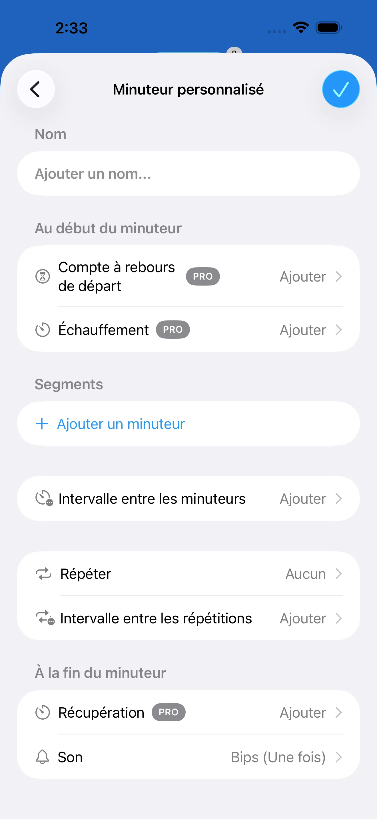 Custom interval timer editor with segment controls