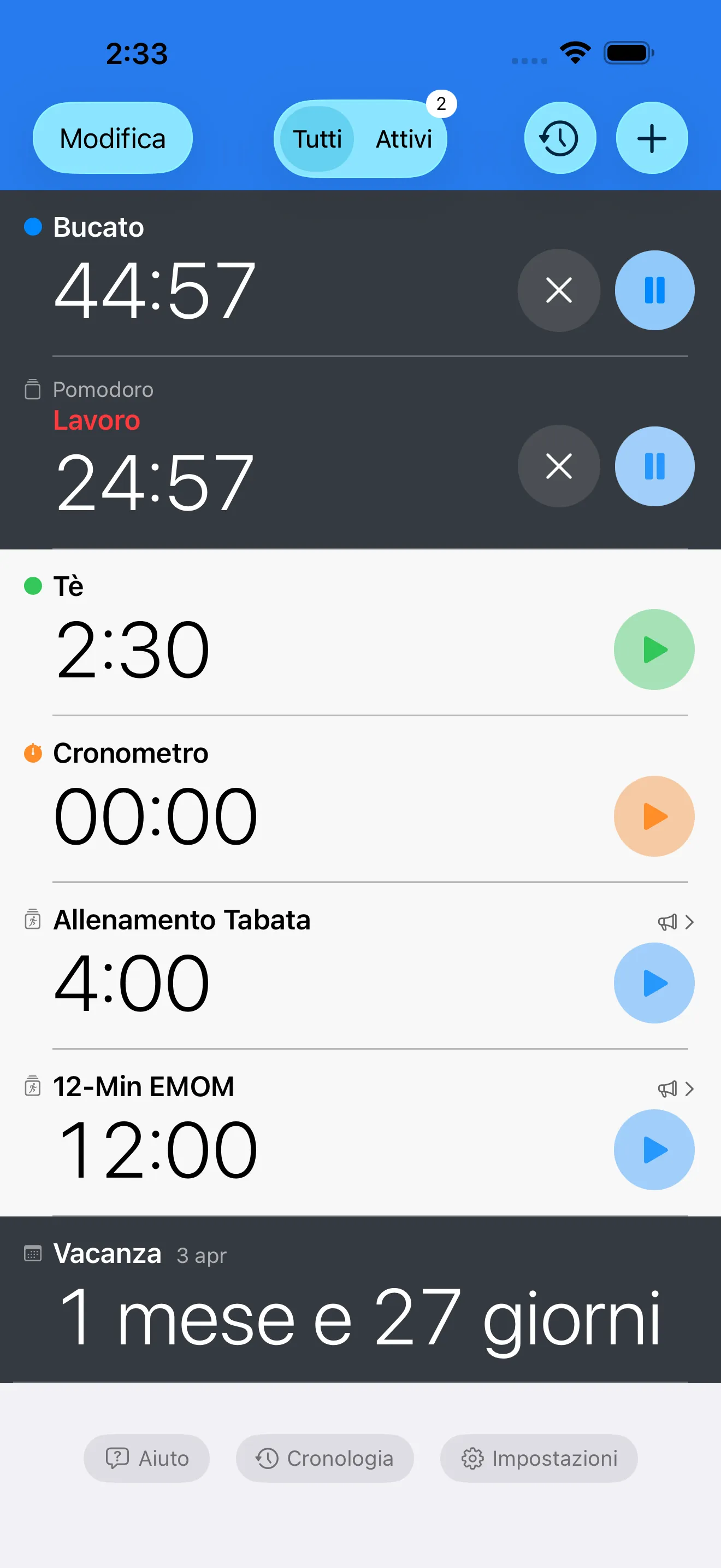 Timer list showing multiple active timers and a stopwatch