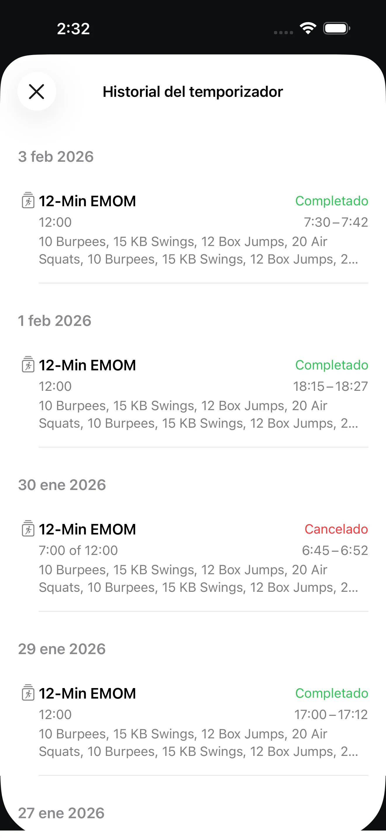 EMOM timer history view