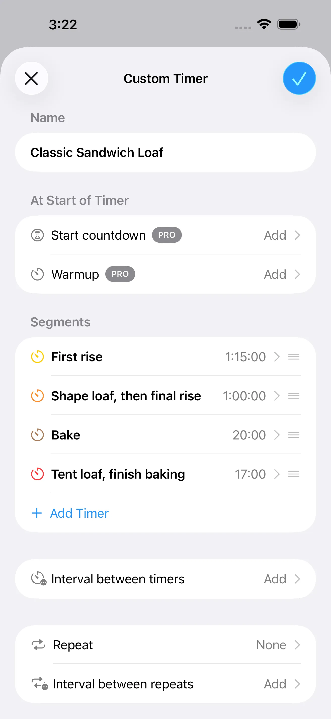 Screenshot of Timer+ showing the editor for a bread baking timer.