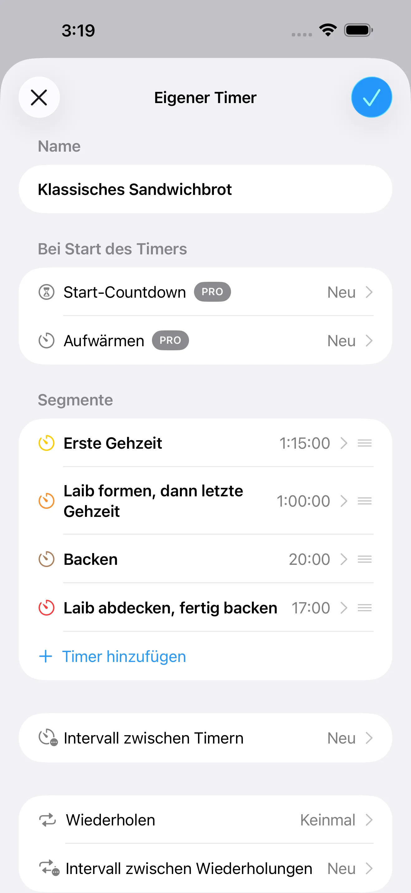 Timer+-App-Bildschirm