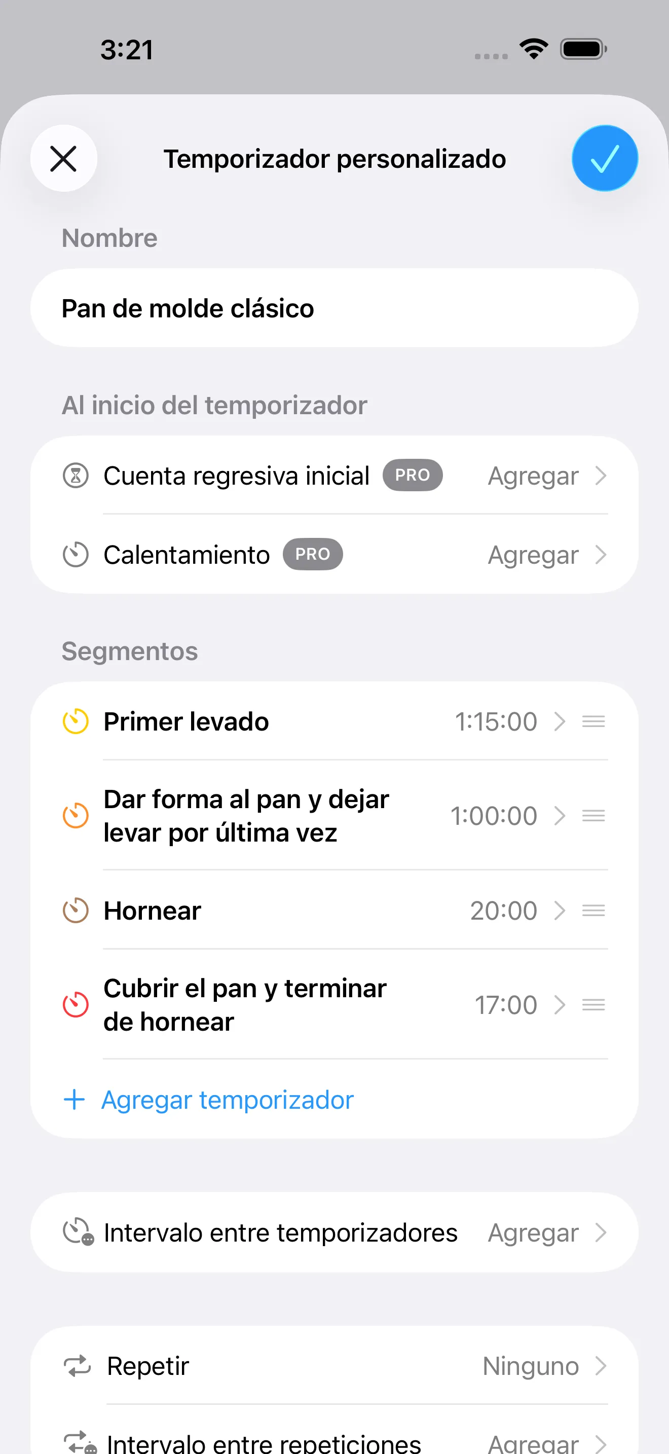 Pantalla de la app Temporizador+