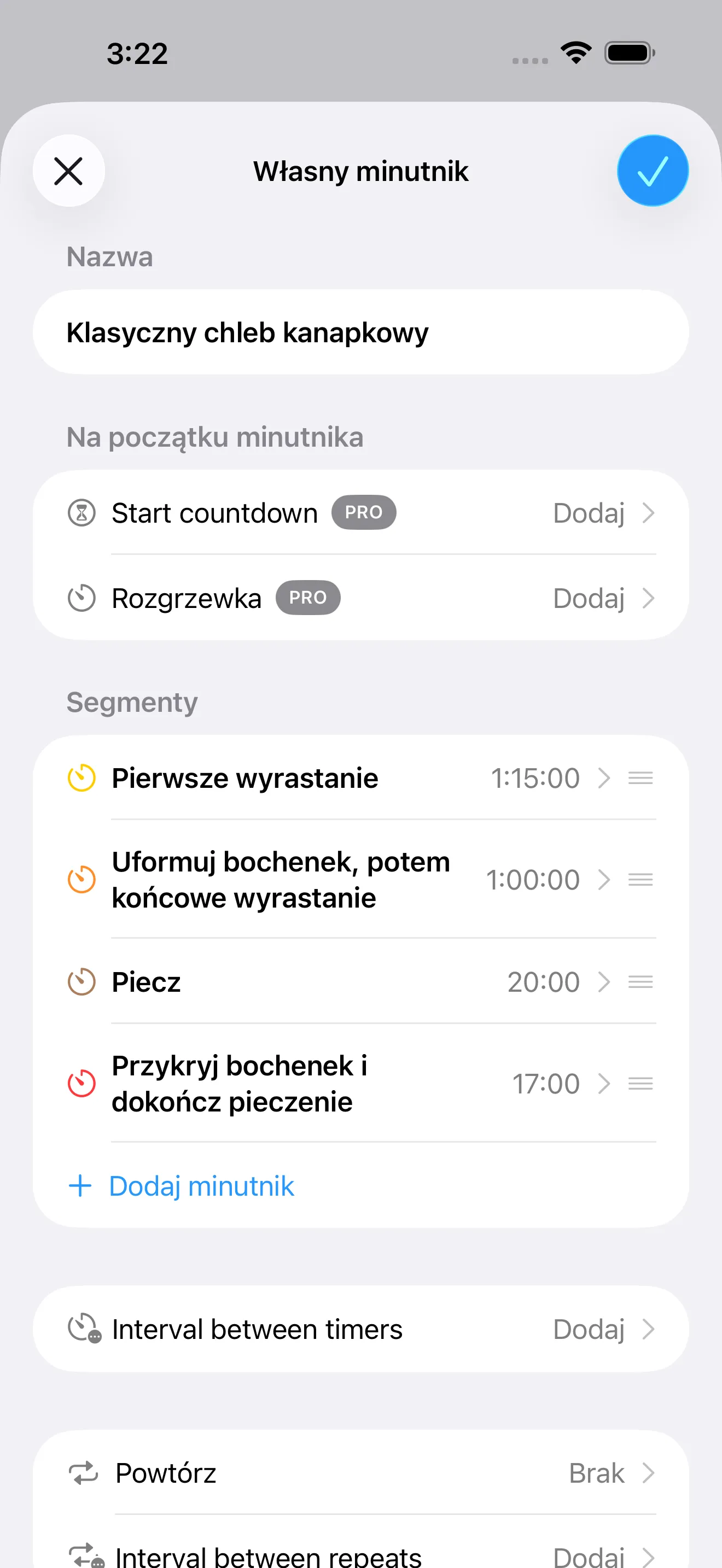 Ekran aplikacji Timer+