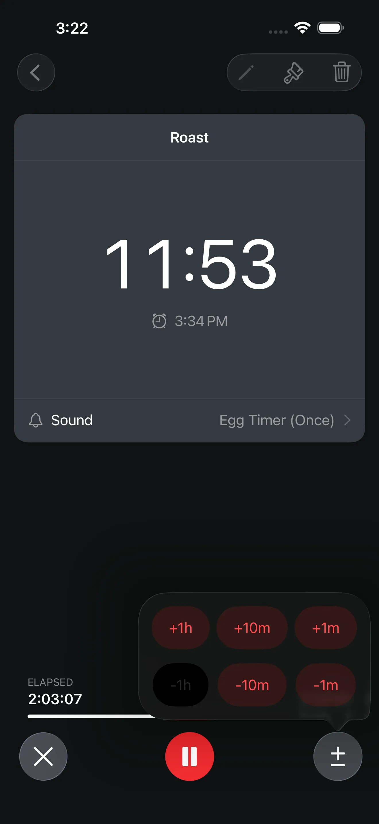 Screenshot of Timer+ showing a roast timer running and controls to adjust its remaining time.