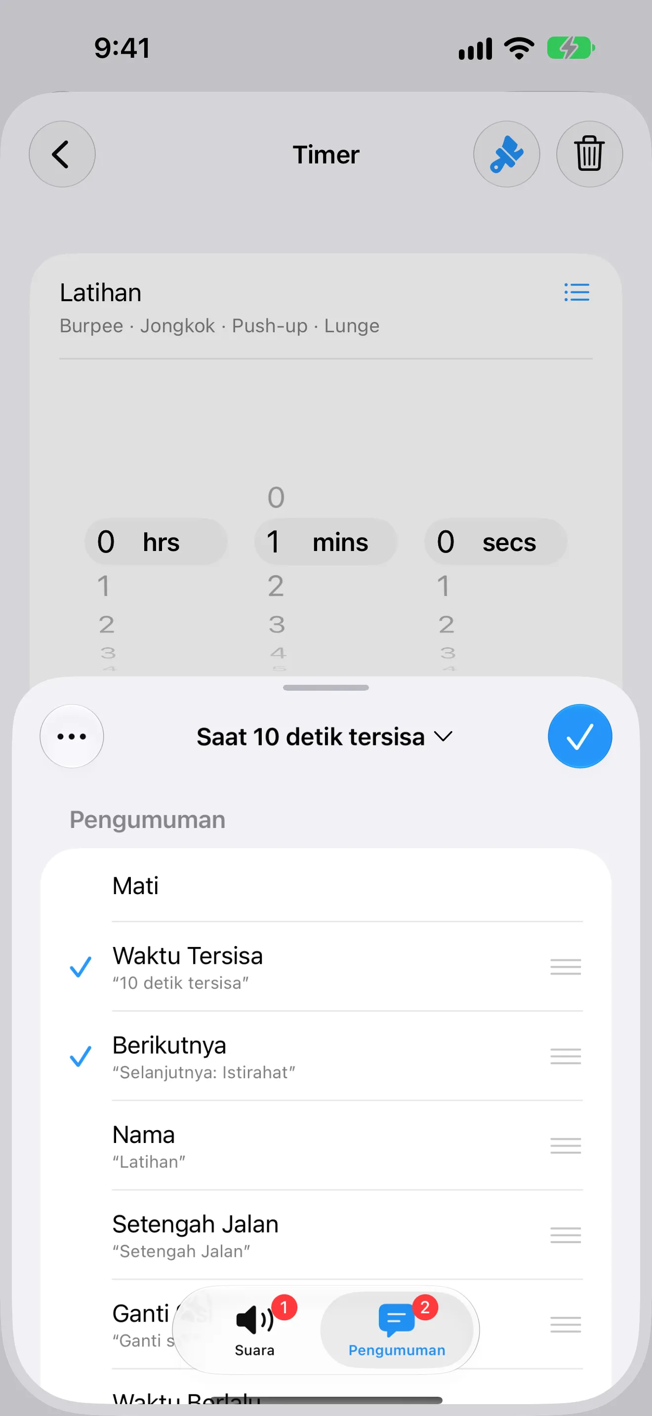 Tangkapan layar Timer+ yang menampilkan peringatan yang mengucapkan sisa waktu dan langkah berikutnya.