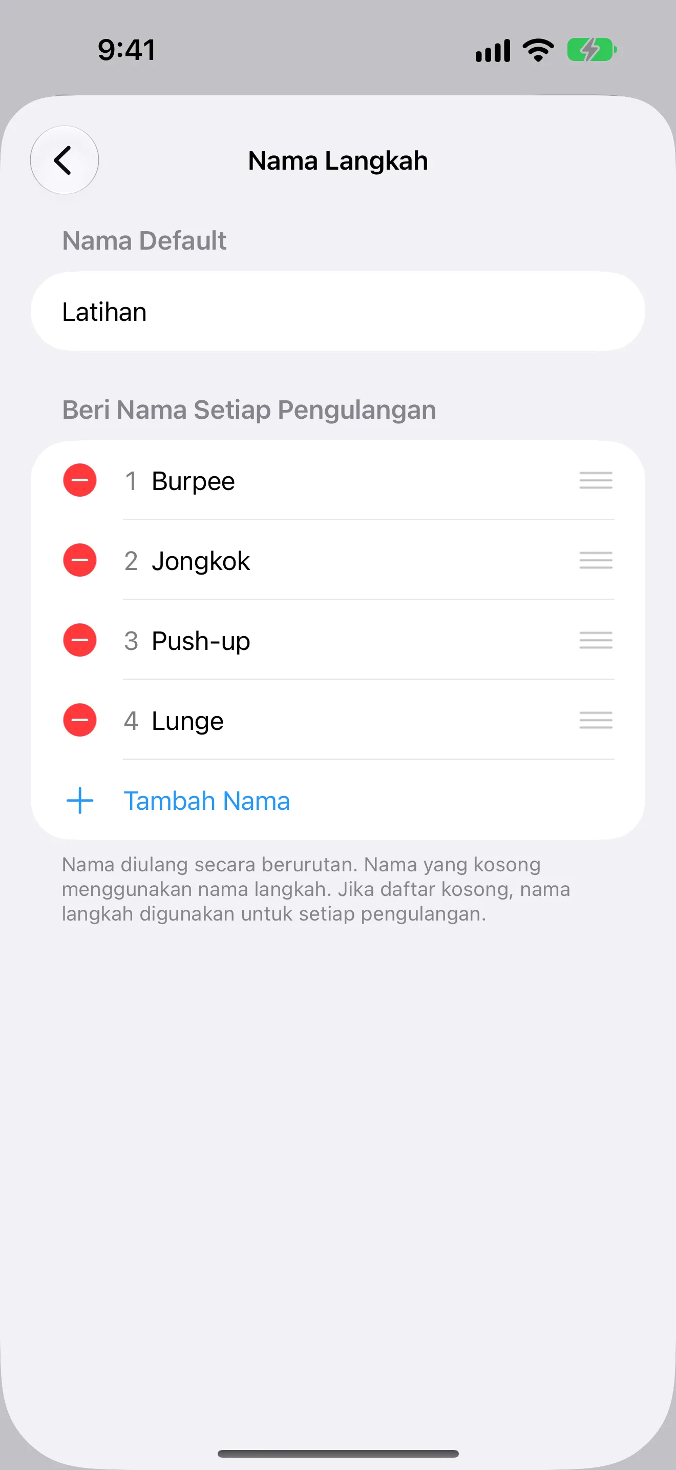 Tangkapan layar Timer+ yang menampilkan nama latihan berbeda untuk setiap pengulangan rutinitas EMOM.