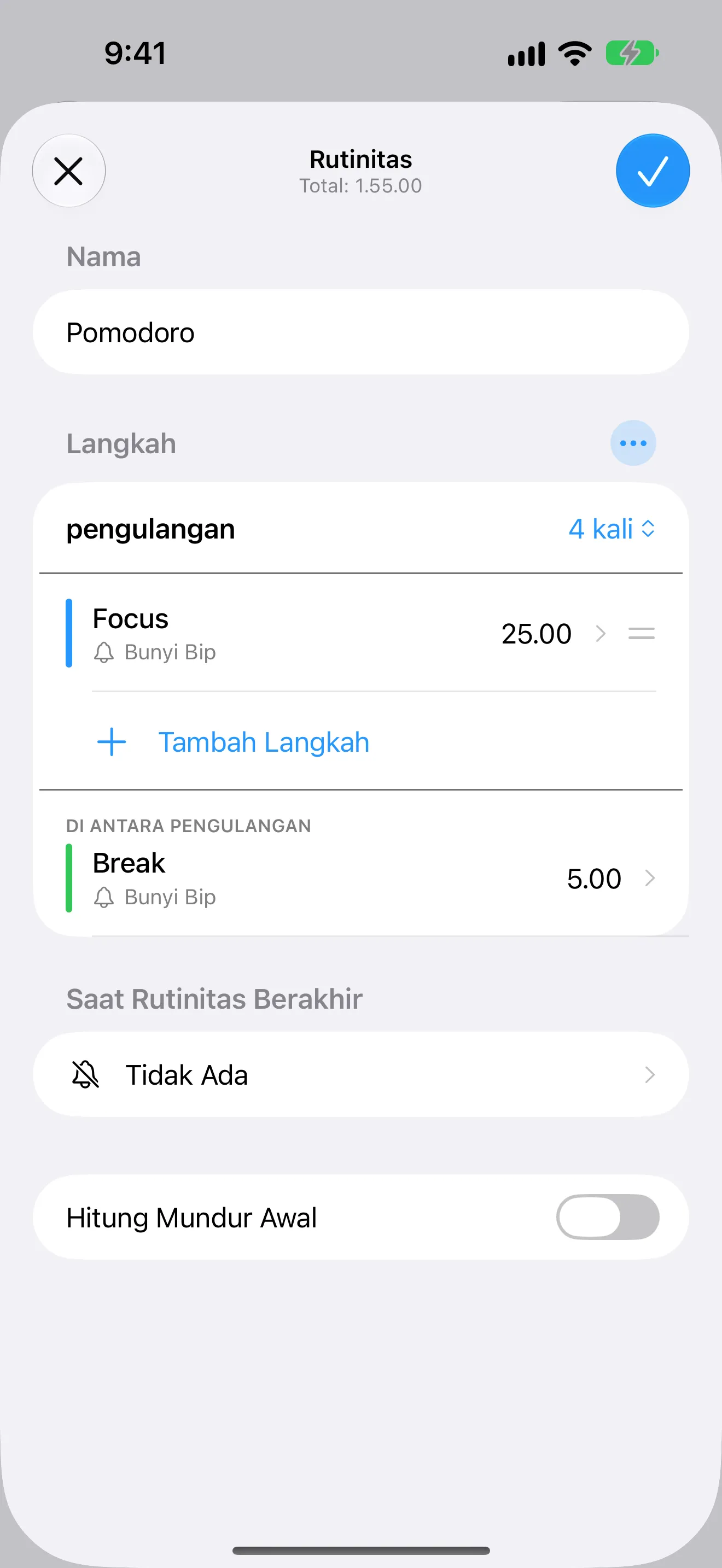 Layar aplikasi Timer+