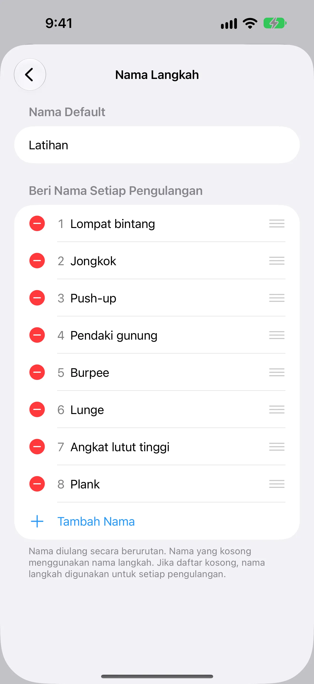 Tangkapan layar Timer+ yang menampilkan nama latihan berbeda untuk setiap pengulangan rutinitas Tabata.