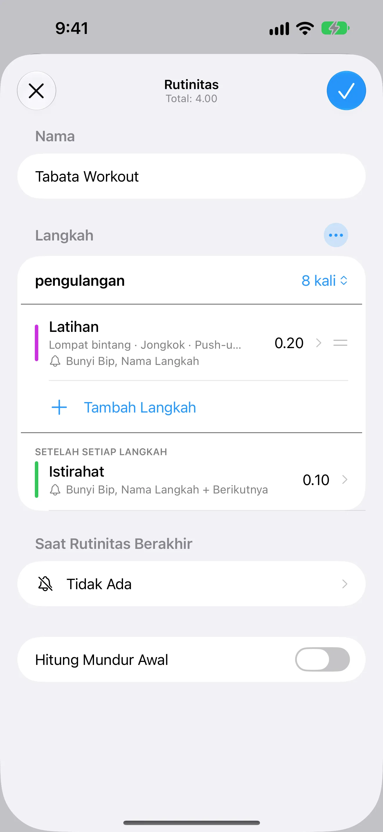 Tangkapan layar Timer+ yang menampilkan editor rutinitas Tabata dengan pengulangan bernama dan jeda istirahat.