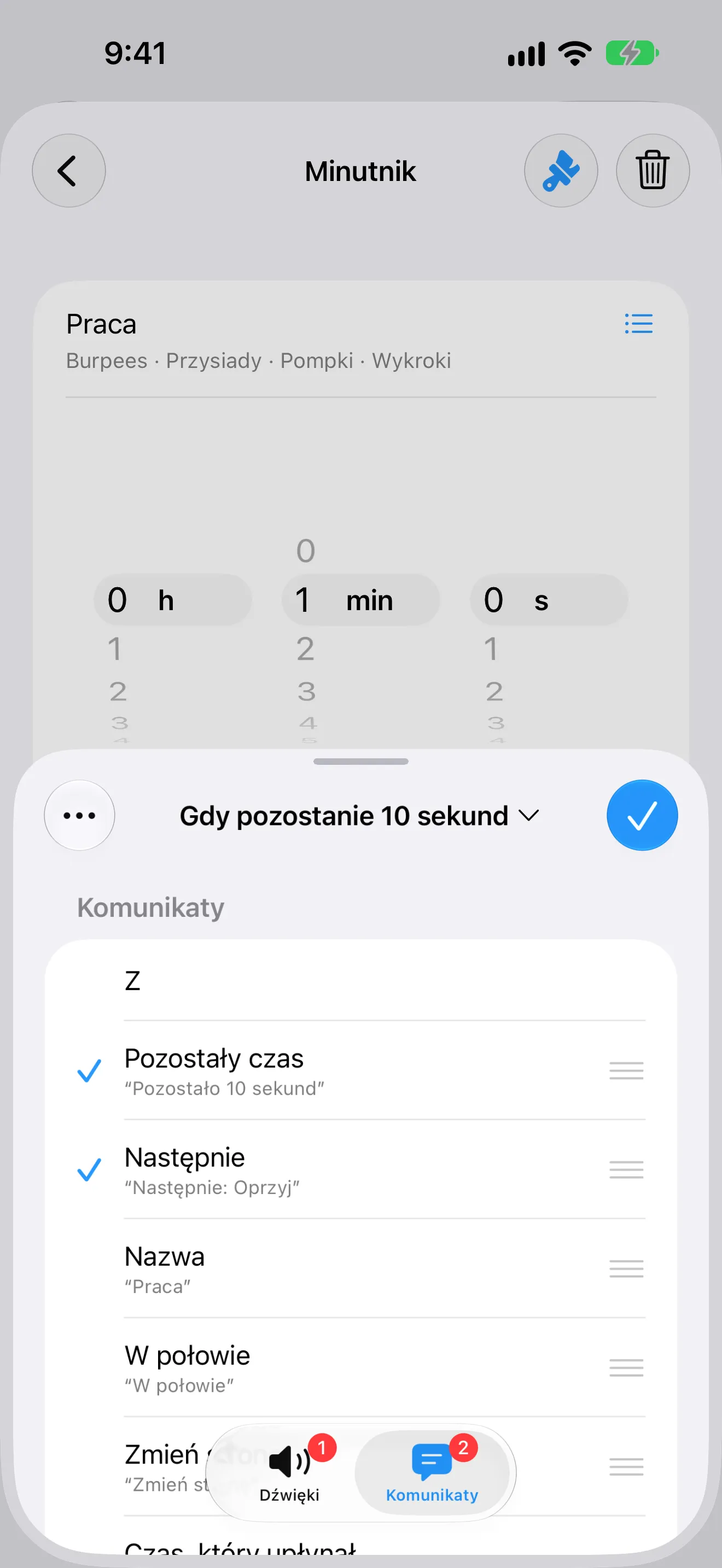 Zrzut ekranu Timer+ z alertem, który ogłasza pozostały czas i następny krok.