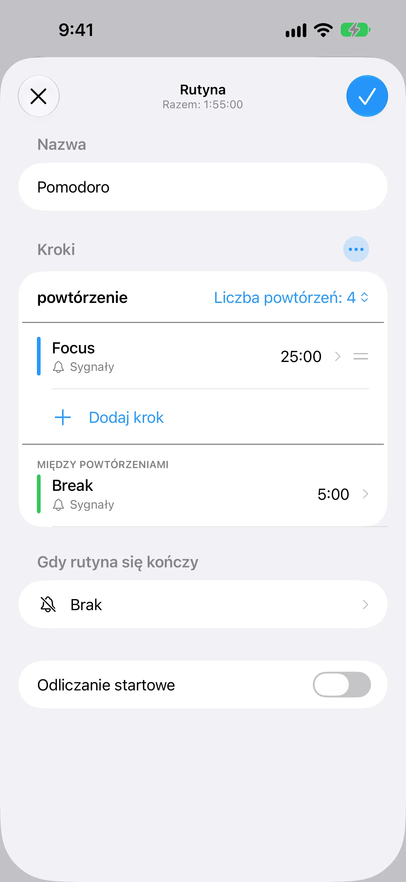 Ekran aplikacji Timer+