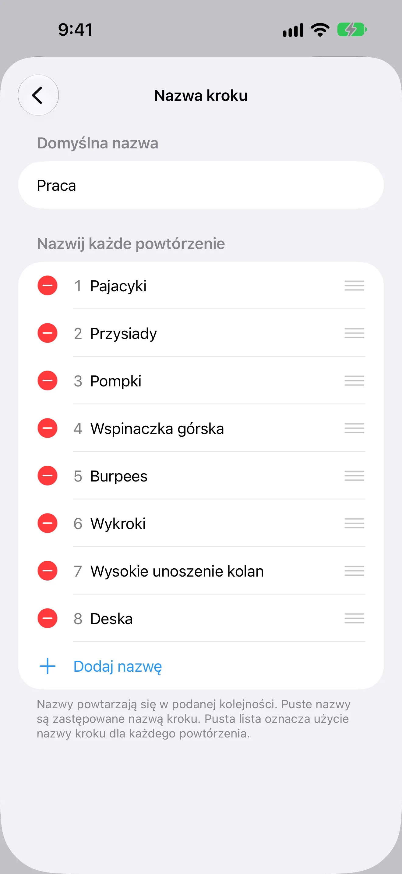 Zrzut ekranu Timer+ z inną nazwą ćwiczenia dla każdego powtórzenia rutyny Tabata.