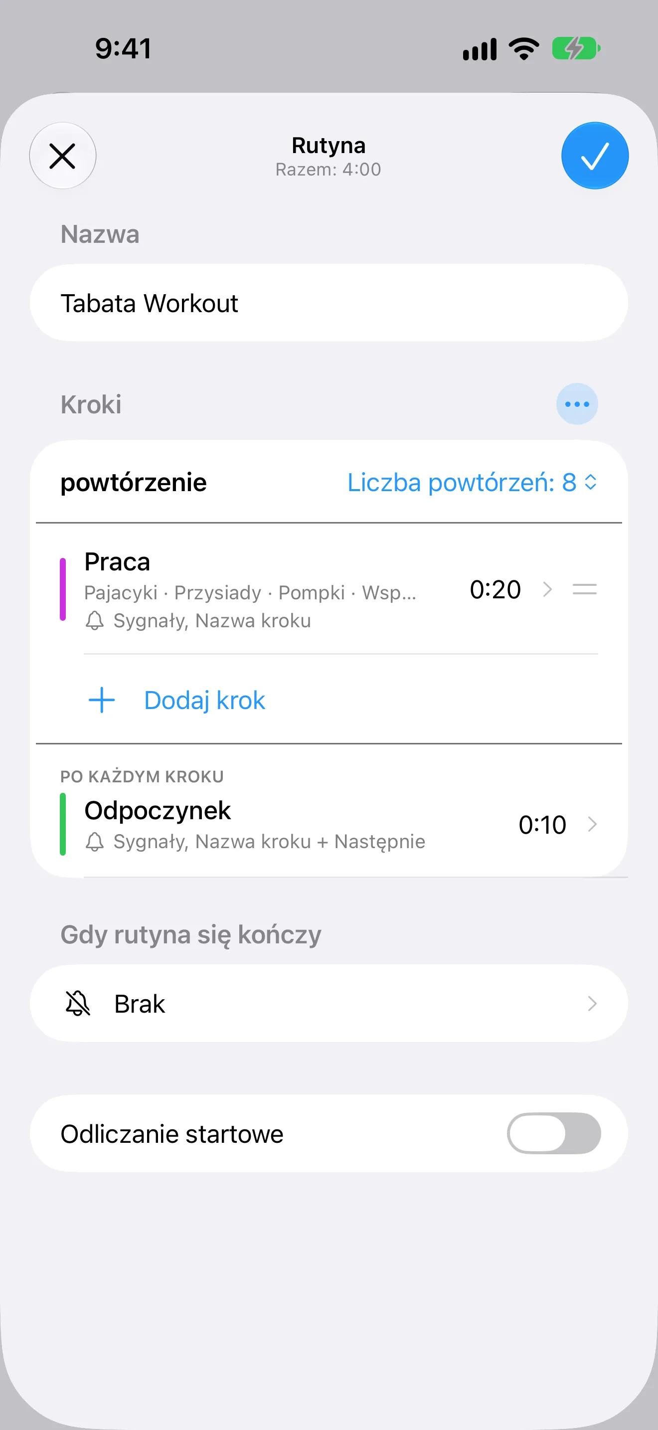 Zrzut ekranu Timer+ z edytorem rutyny Tabata z nazwanymi powtórzeniami i przerwami.