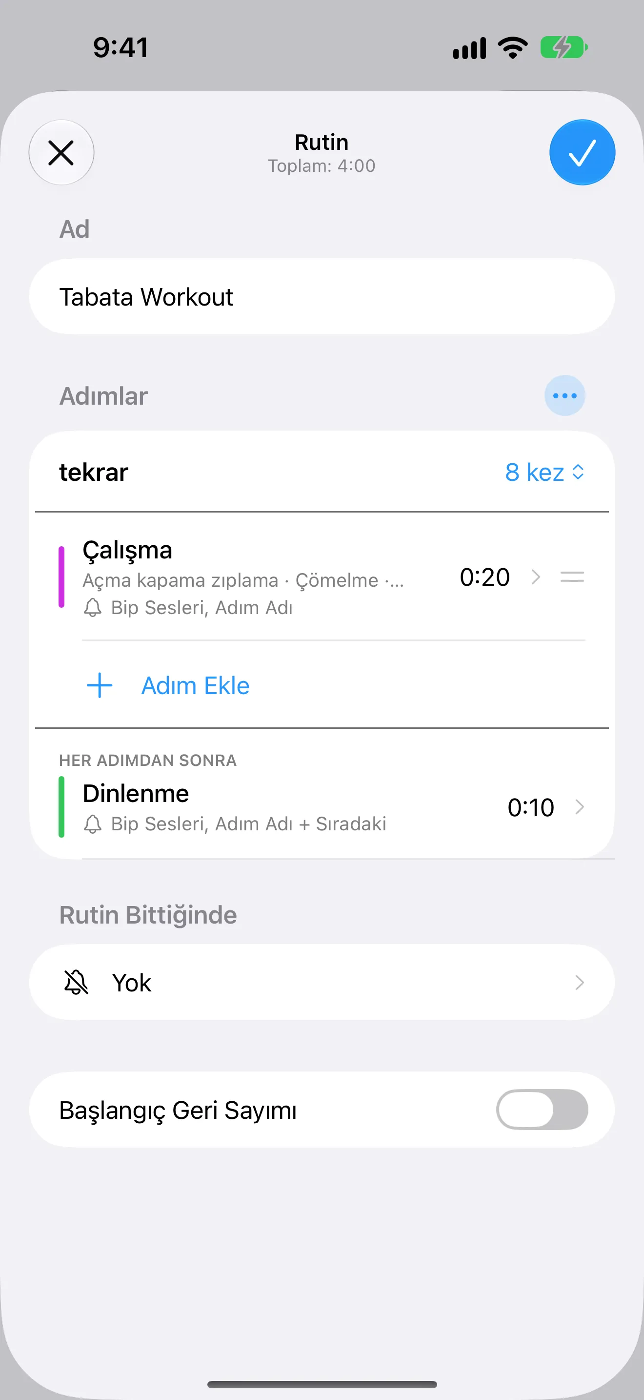 Adlandırılmış tekrarlar ve dinlenmeler içeren bir Tabata rutininin düzenleyicisini gösteren Timer+ ekran görüntüsü.