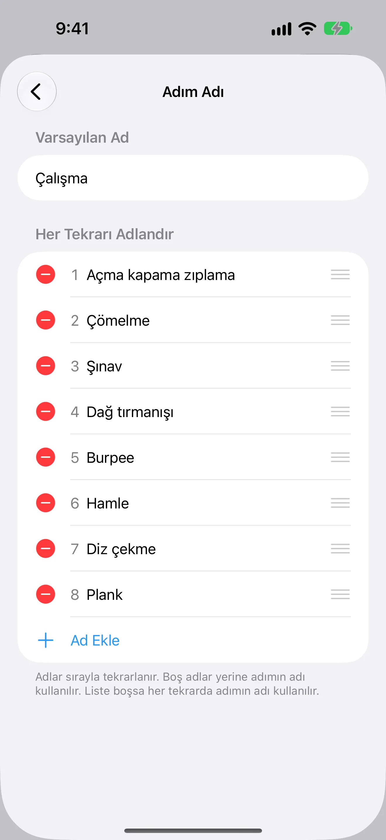 Bir Tabata rutininin her tekrarı için farklı bir egzersiz adını gösteren Timer+ ekran görüntüsü.