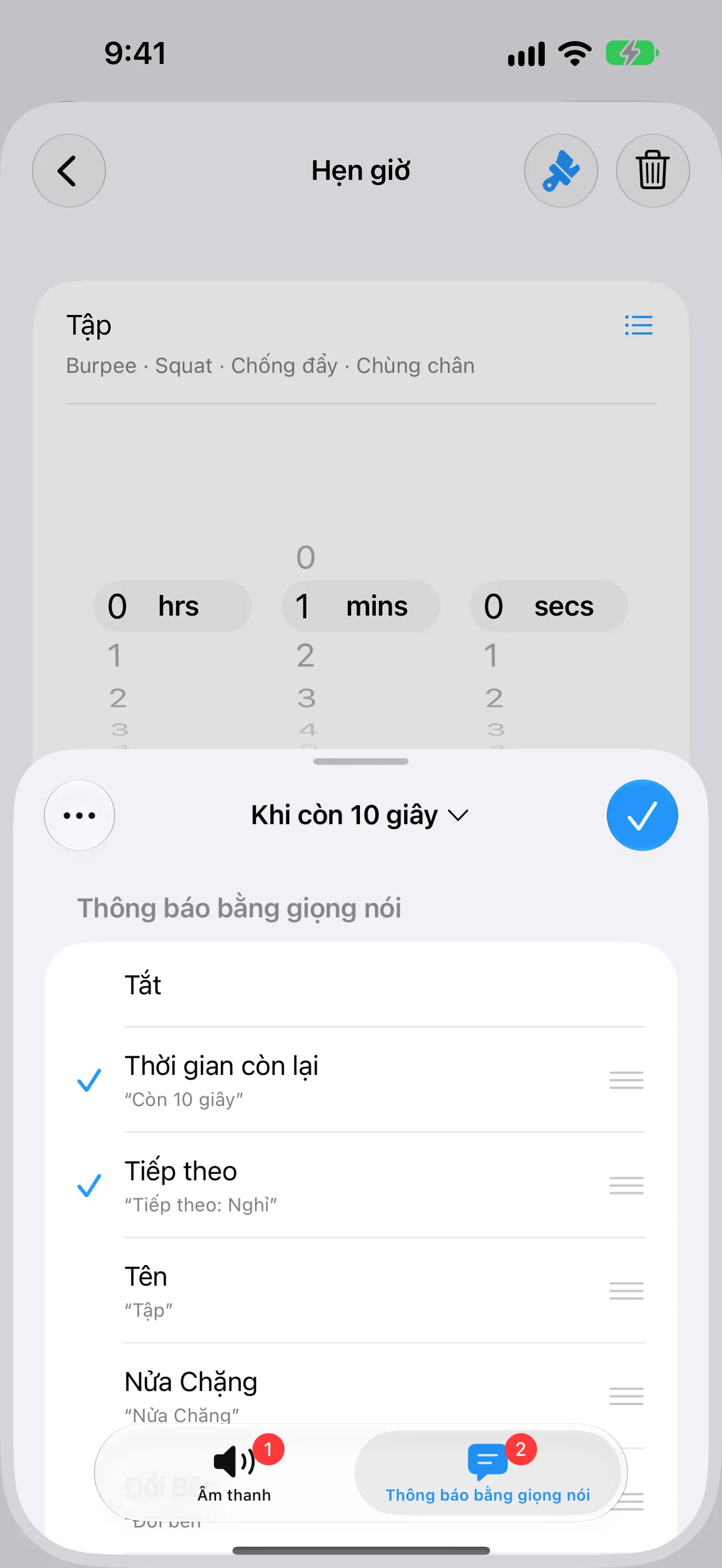 Ảnh chụp màn hình Timer+ hiển thị cảnh báo đọc to thời gian còn lại và bước tiếp theo.