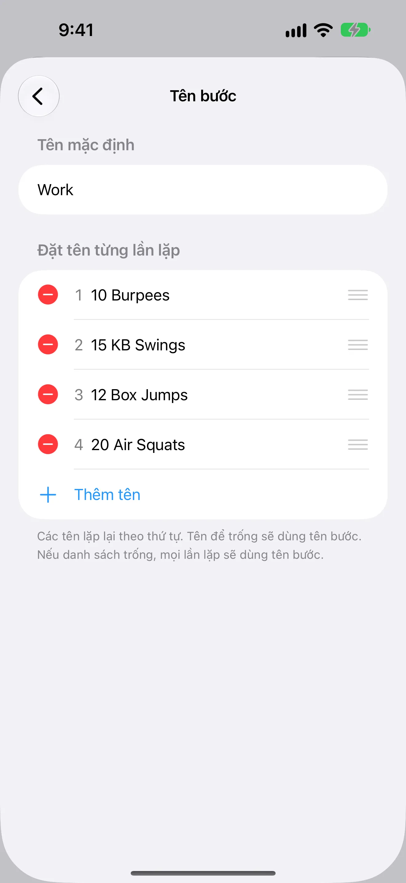 Ảnh chụp màn hình Timer+ hiển thị một động tác CrossFit khác nhau cho mỗi phút của bài tập EMOM.