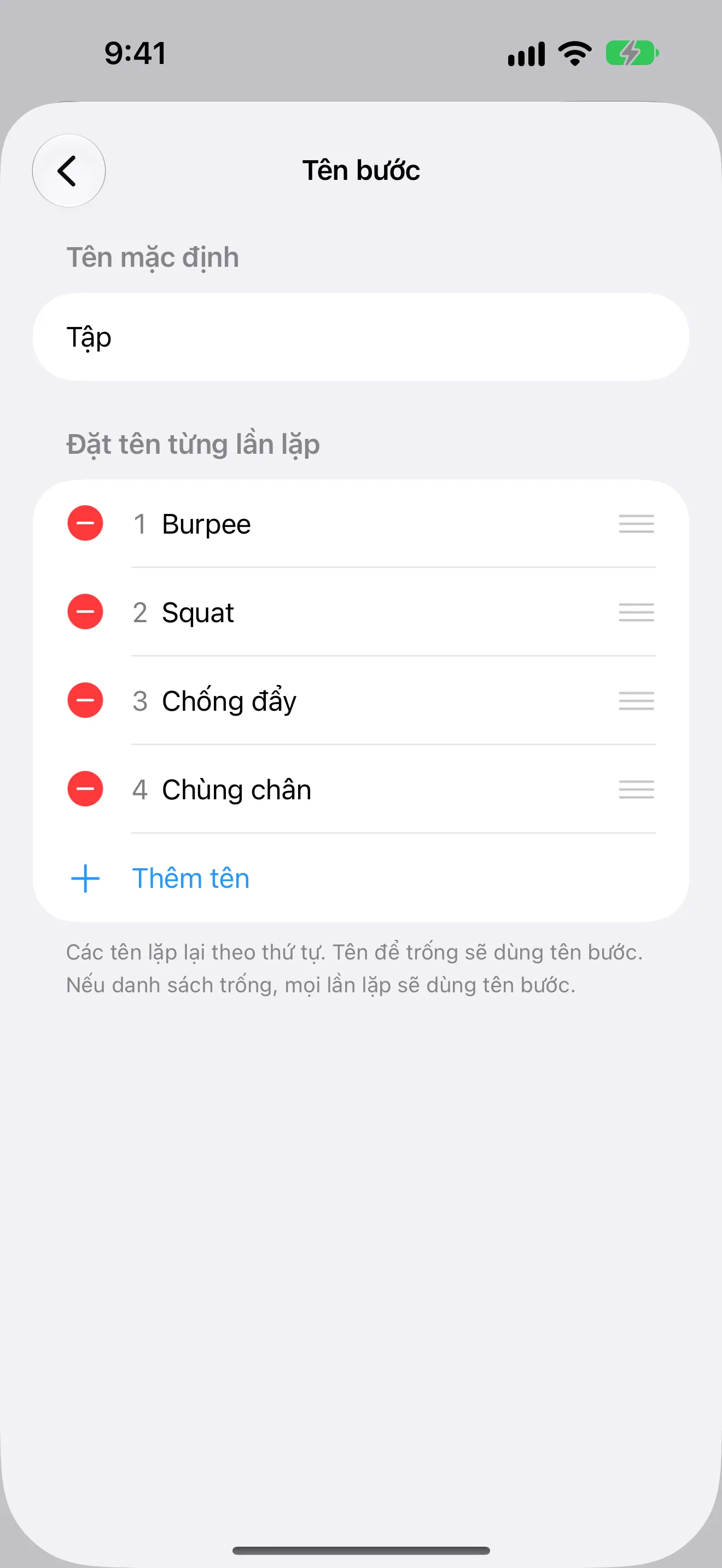 Ảnh chụp màn hình Timer+ hiển thị tên bài tập khác nhau cho từng lần lặp của quy trình EMOM.