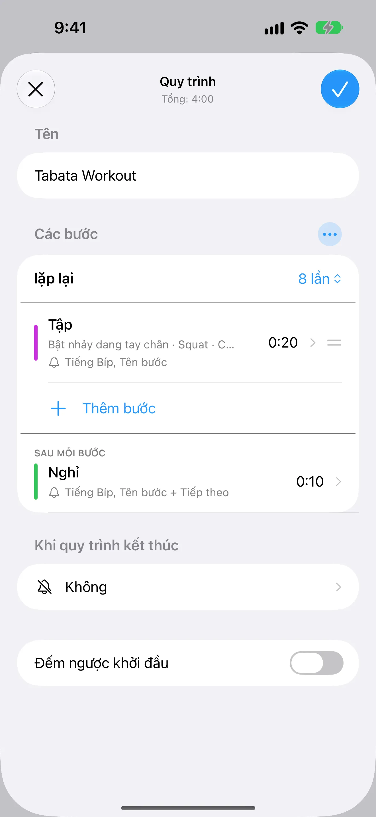 Ảnh chụp màn hình Timer+ hiển thị trình chỉnh sửa quy trình Tabata với các lần lặp có tên và thời gian nghỉ.