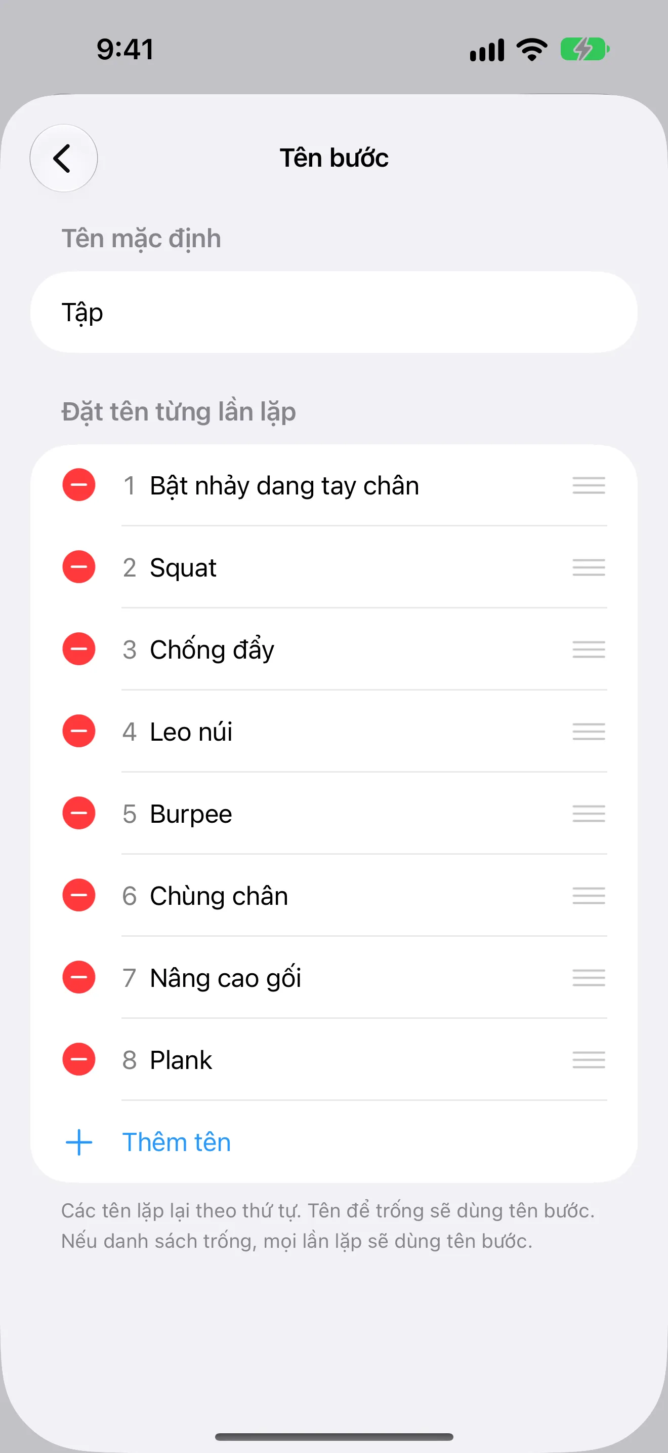 Ảnh chụp màn hình Timer+ hiển thị tên bài tập khác nhau cho từng lần lặp của quy trình Tabata.