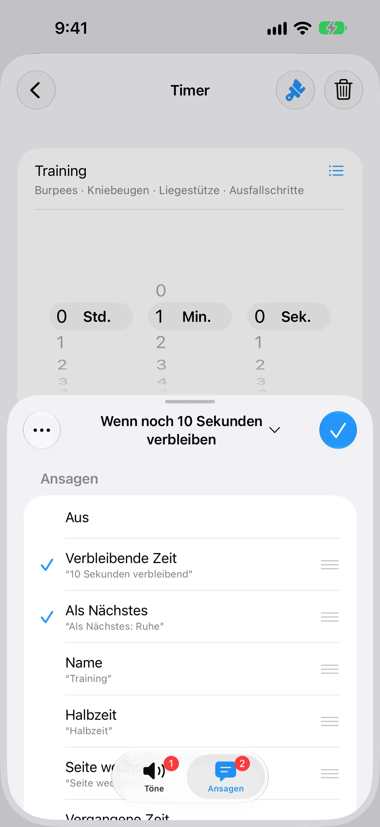 Screenshot von Timer+ mit einem Hinweis, der die verbleibende Zeit und den nächsten Schritt ansagt.