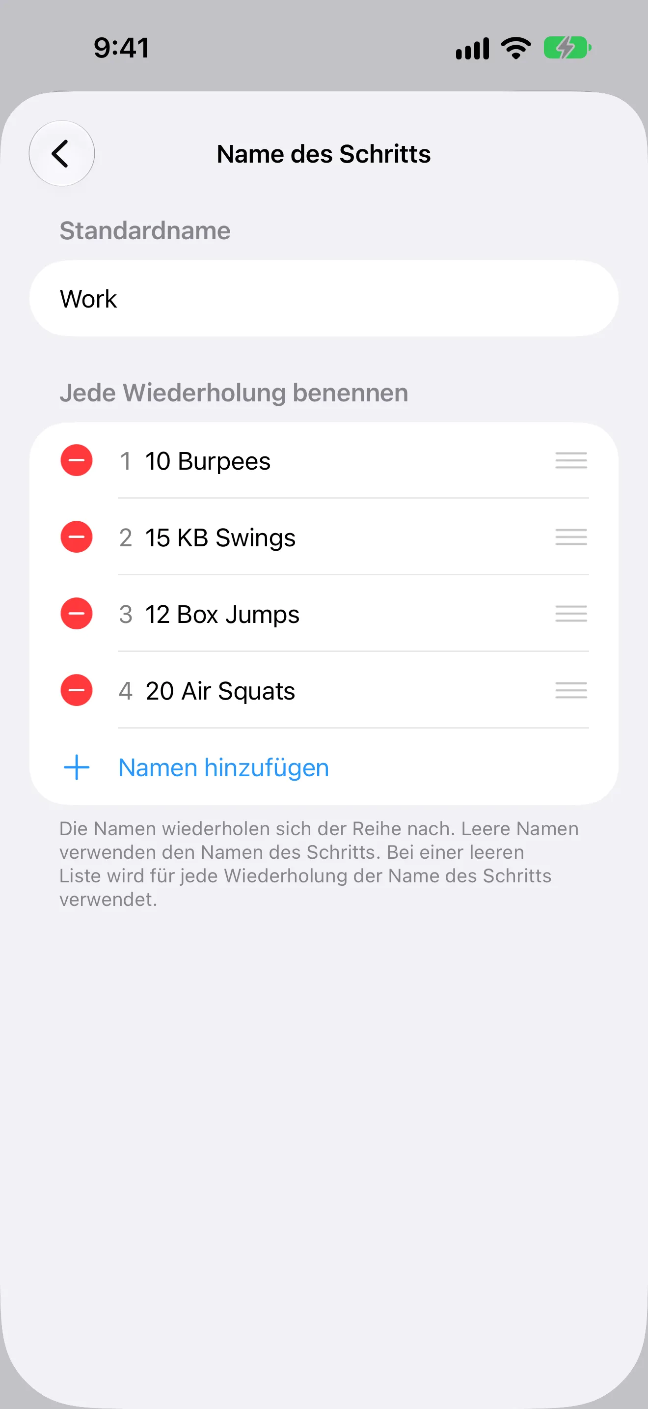 Screenshot von Timer+ mit einer eigenen CrossFit-Bewegung für jede Minute eines EMOM-Workouts.