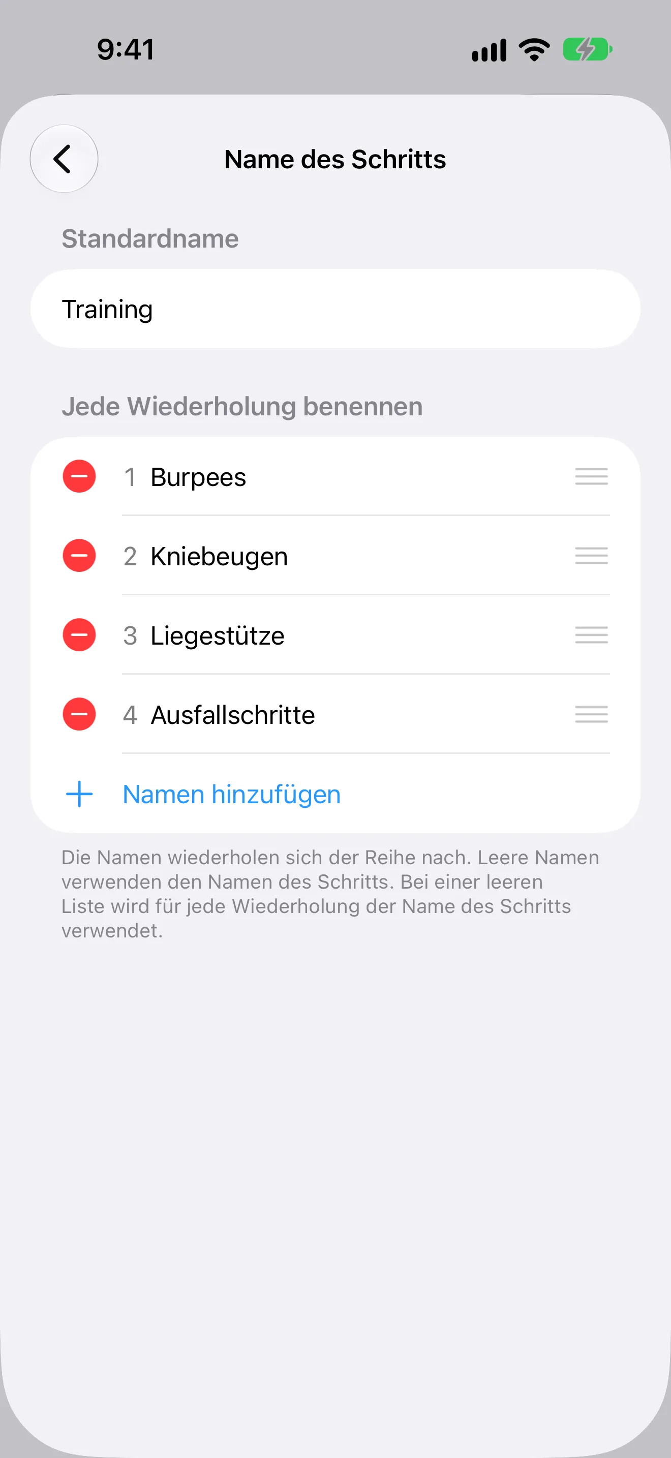 Screenshot von Timer+ mit einem eigenen Übungsnamen für jede Wiederholung einer EMOM-Routine.