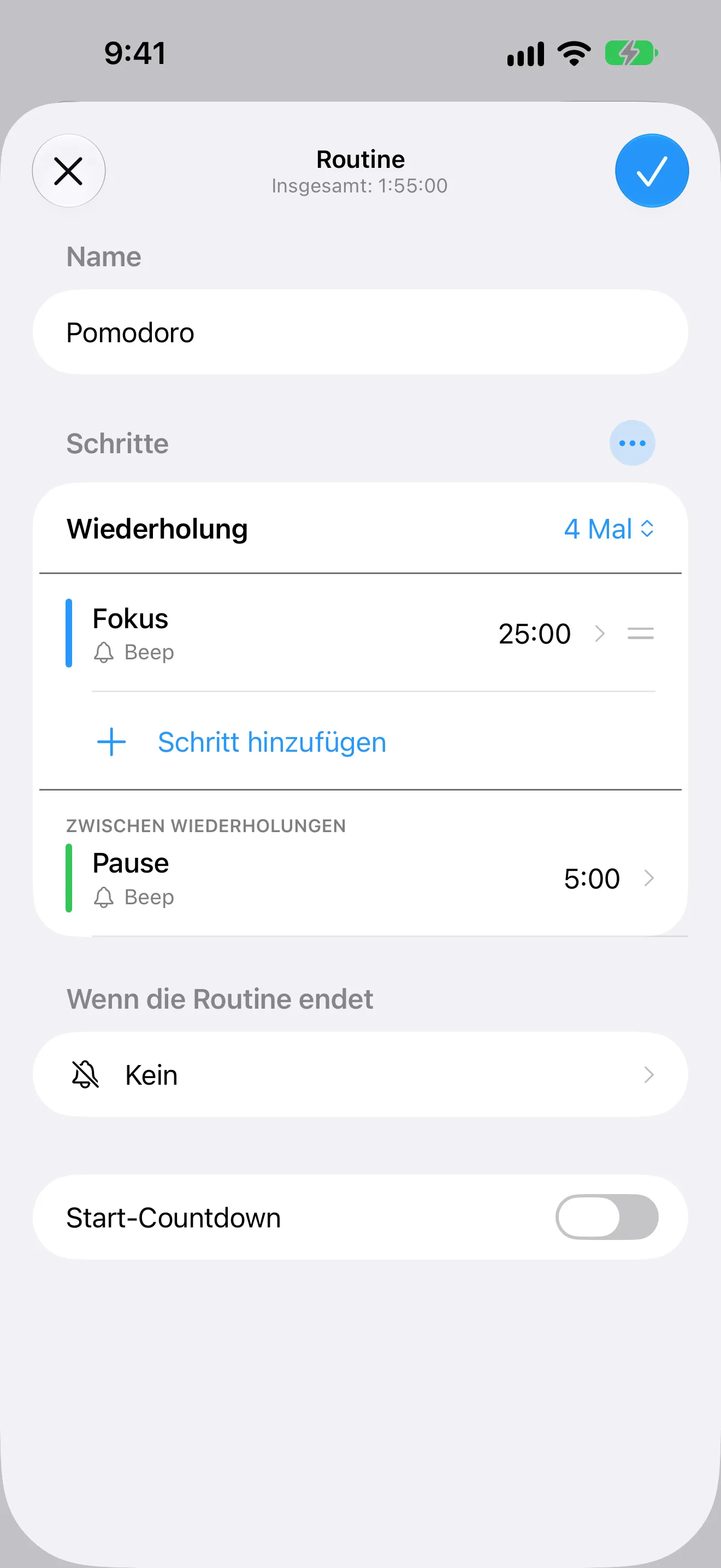 Timer+-App-Bildschirm