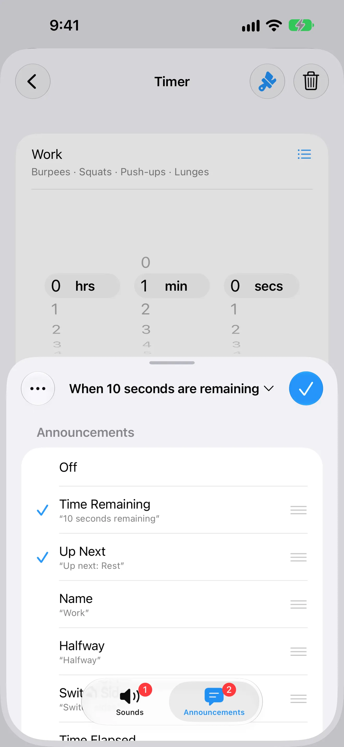 Screenshot of Timer+ showing an alert that speaks the time remaining and what is up next.