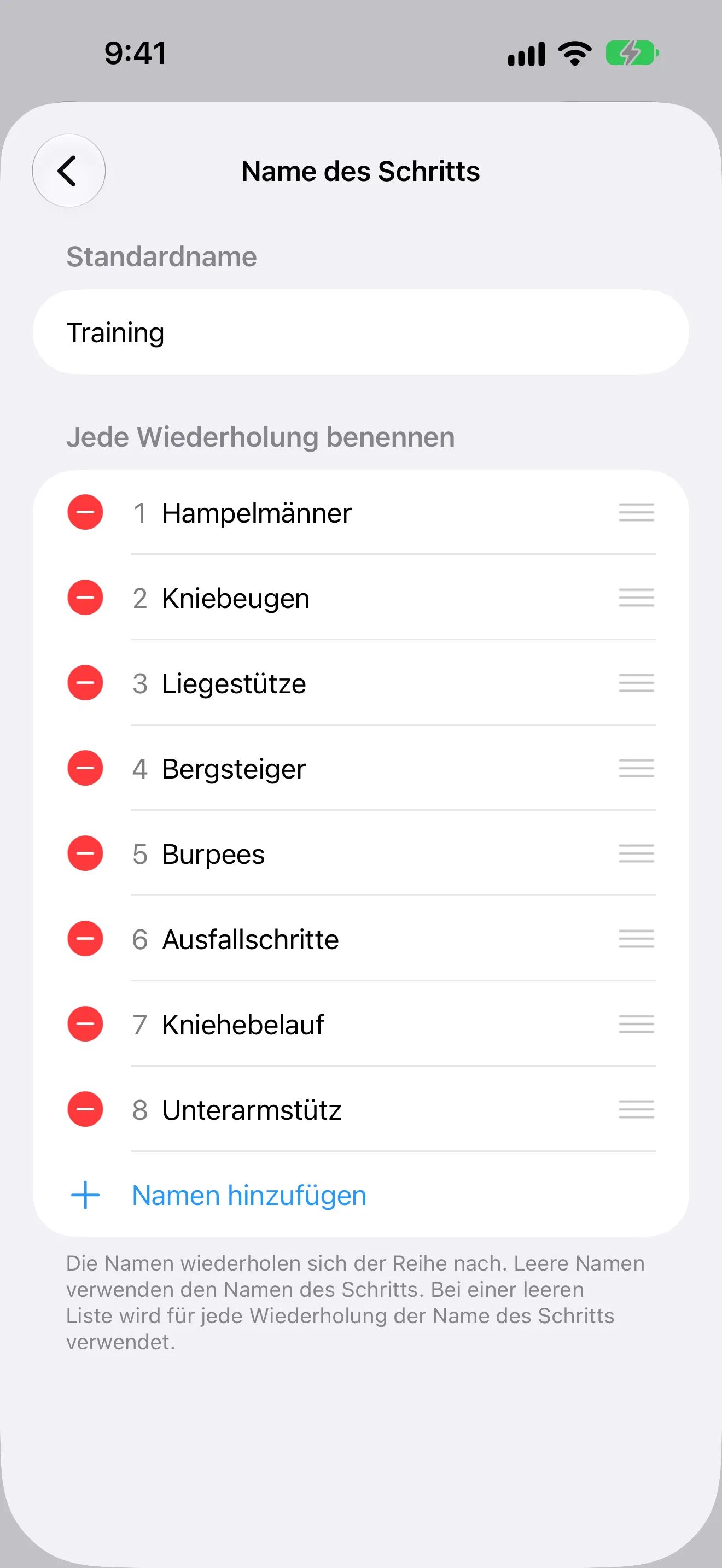 Screenshot von Timer+ mit einem eigenen Übungsnamen für jede Wiederholung einer Tabata-Routine.