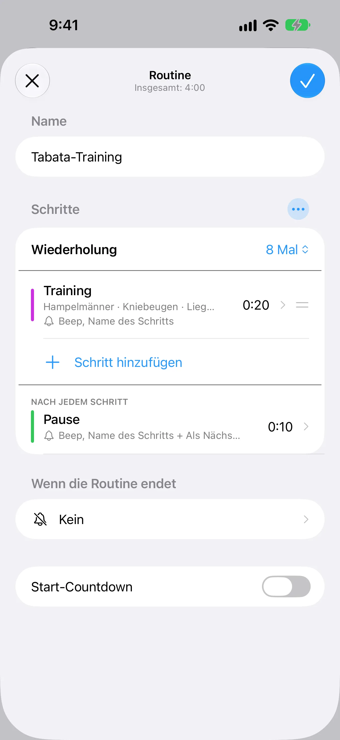 Screenshot von Timer+ mit dem Editor einer Tabata-Routine mit benannten Wiederholungen und Pausen.