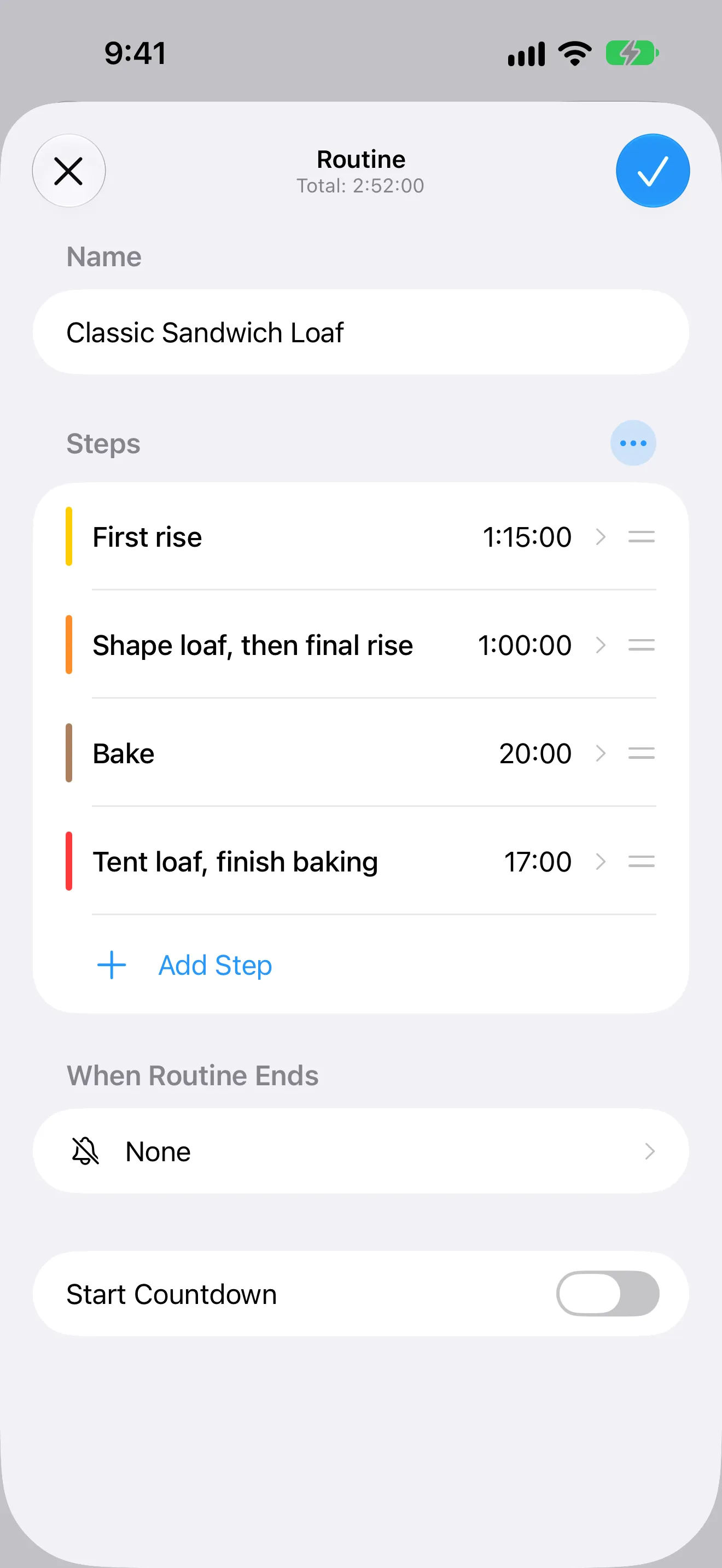 Screenshot of Timer+ showing the editor for a bread baking routine.