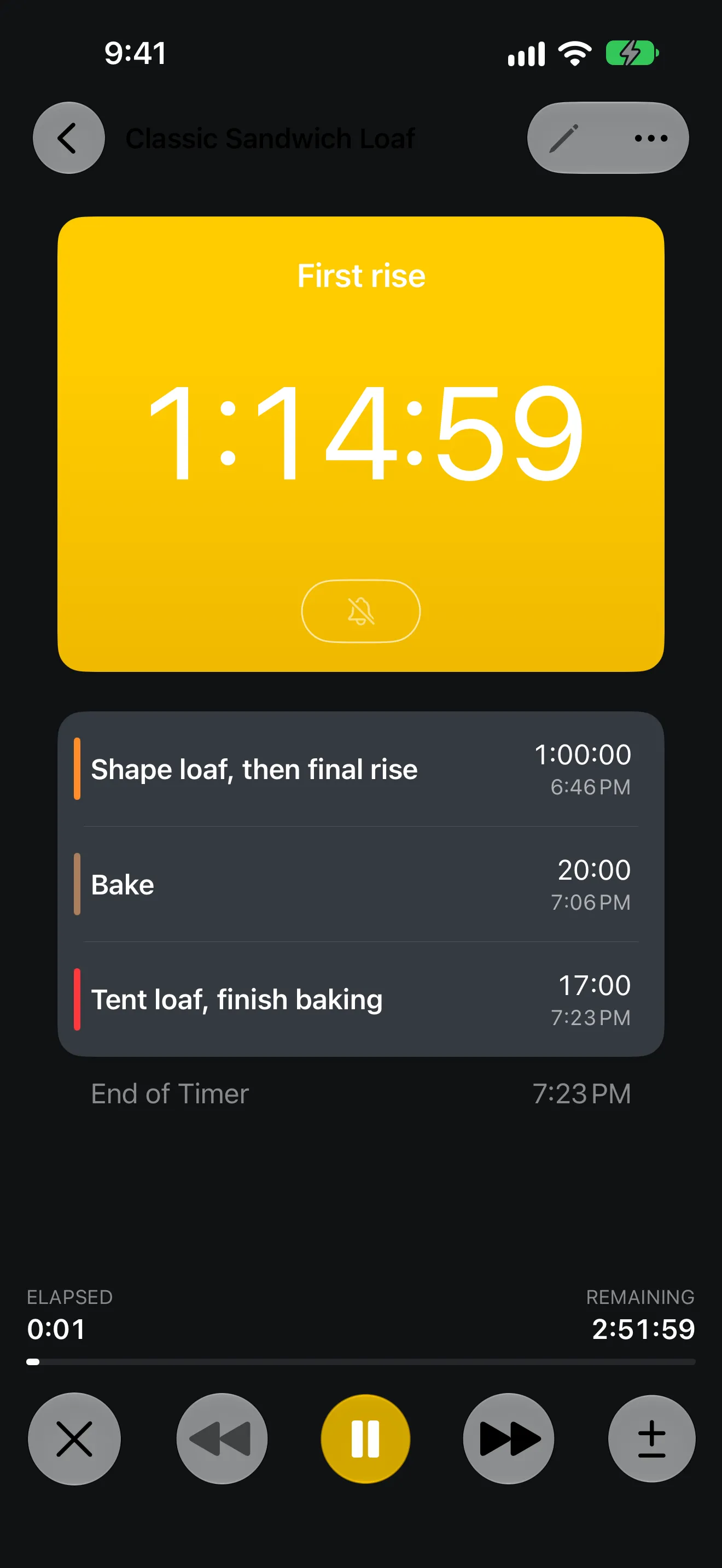 Screenshot of Timer+ showing a bread baking routine in progress.