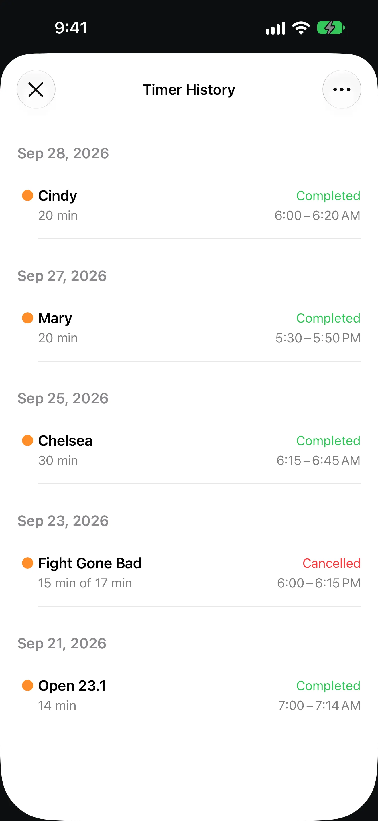 Screenshot of Timer+ showing the history for CrossFit AMRAP workouts.