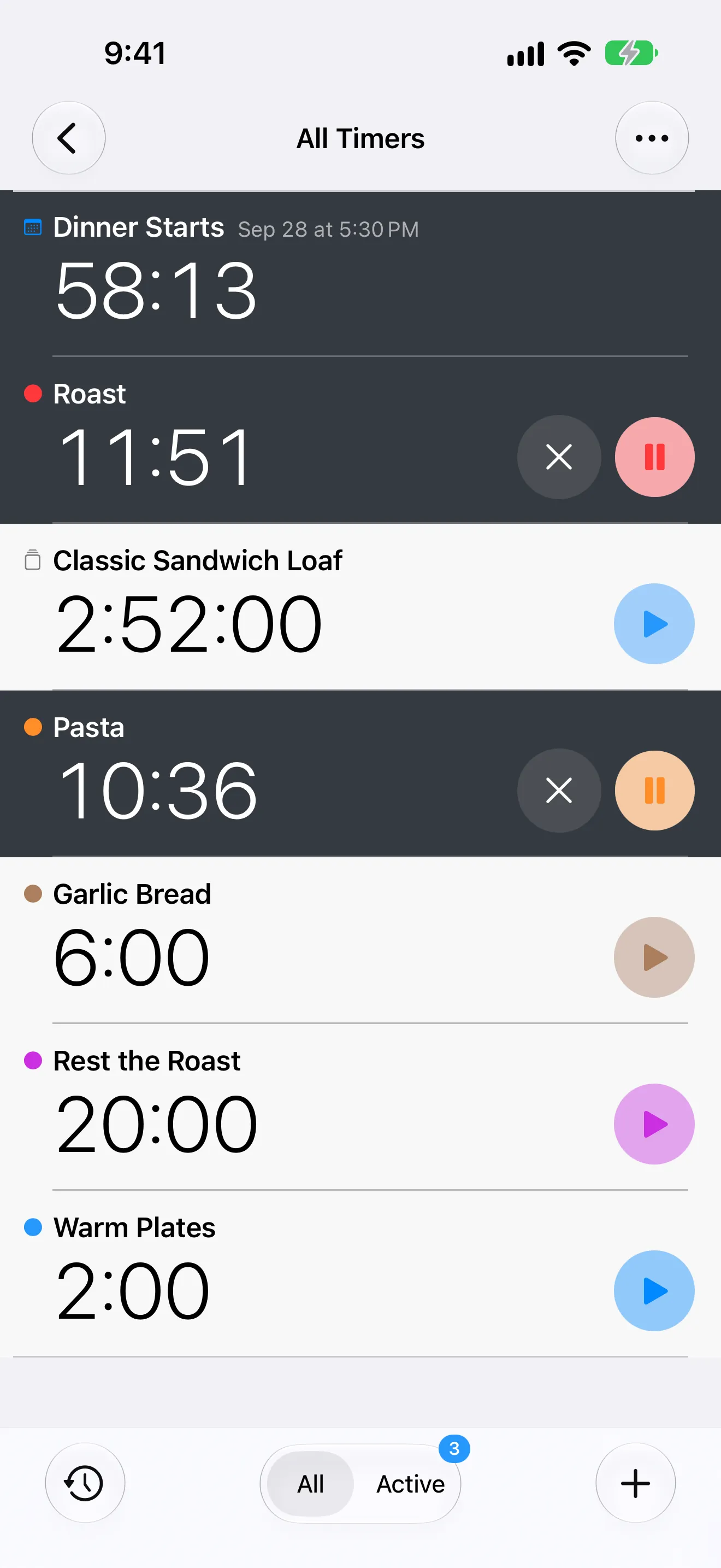 Screenshot of Timer+ showing a cooking timer list with a roast timer.