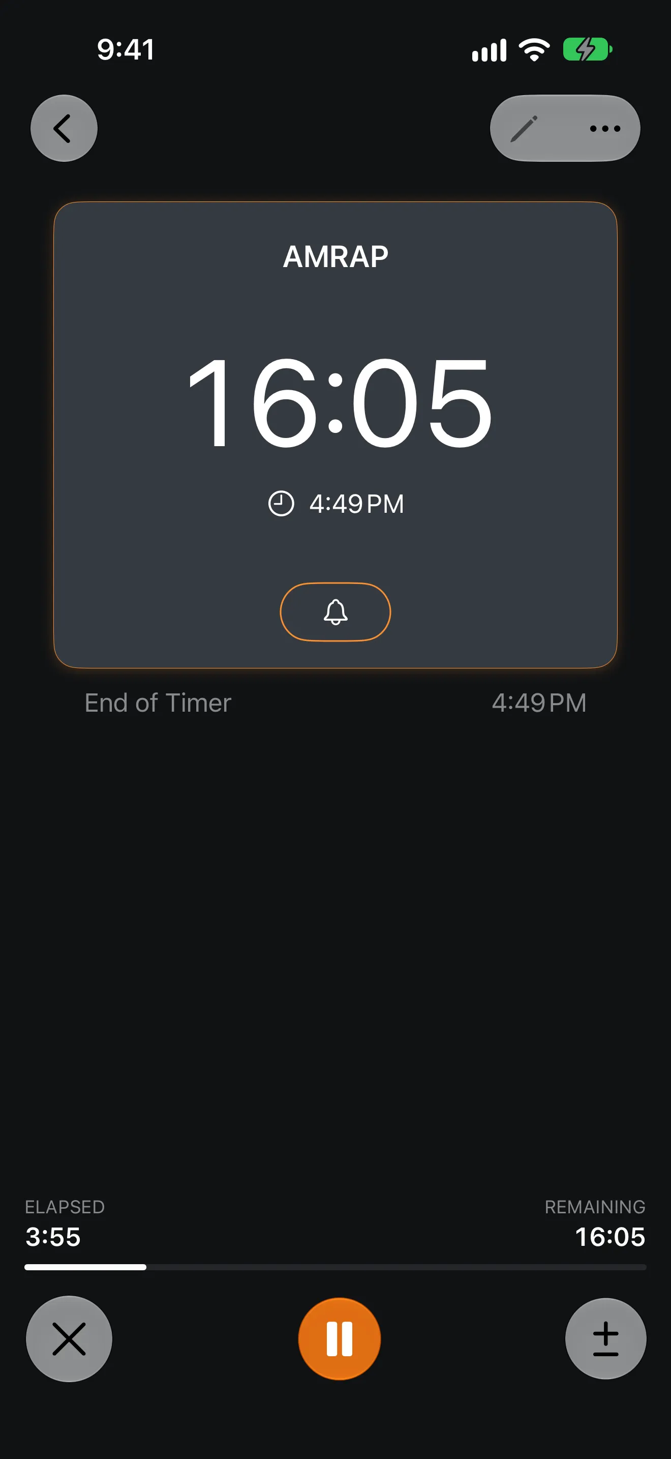 Screenshot of Timer+ showing a CrossFit AMRAP workout timer in progress.