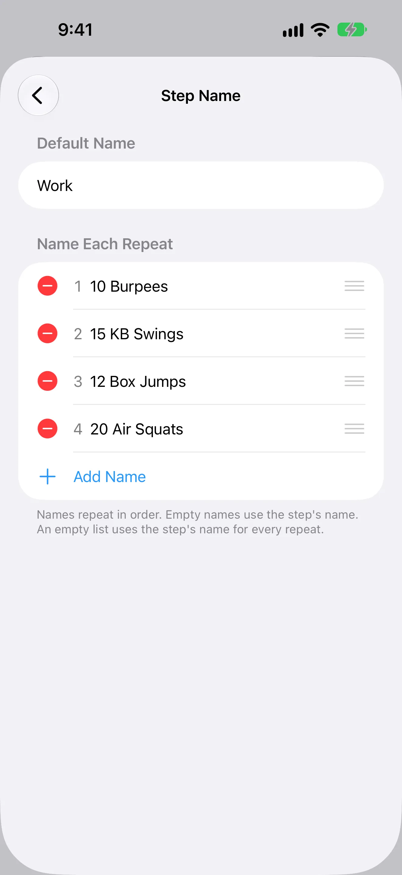 Screenshot of Timer+ showing a different CrossFit movement for each minute of an EMOM workout.