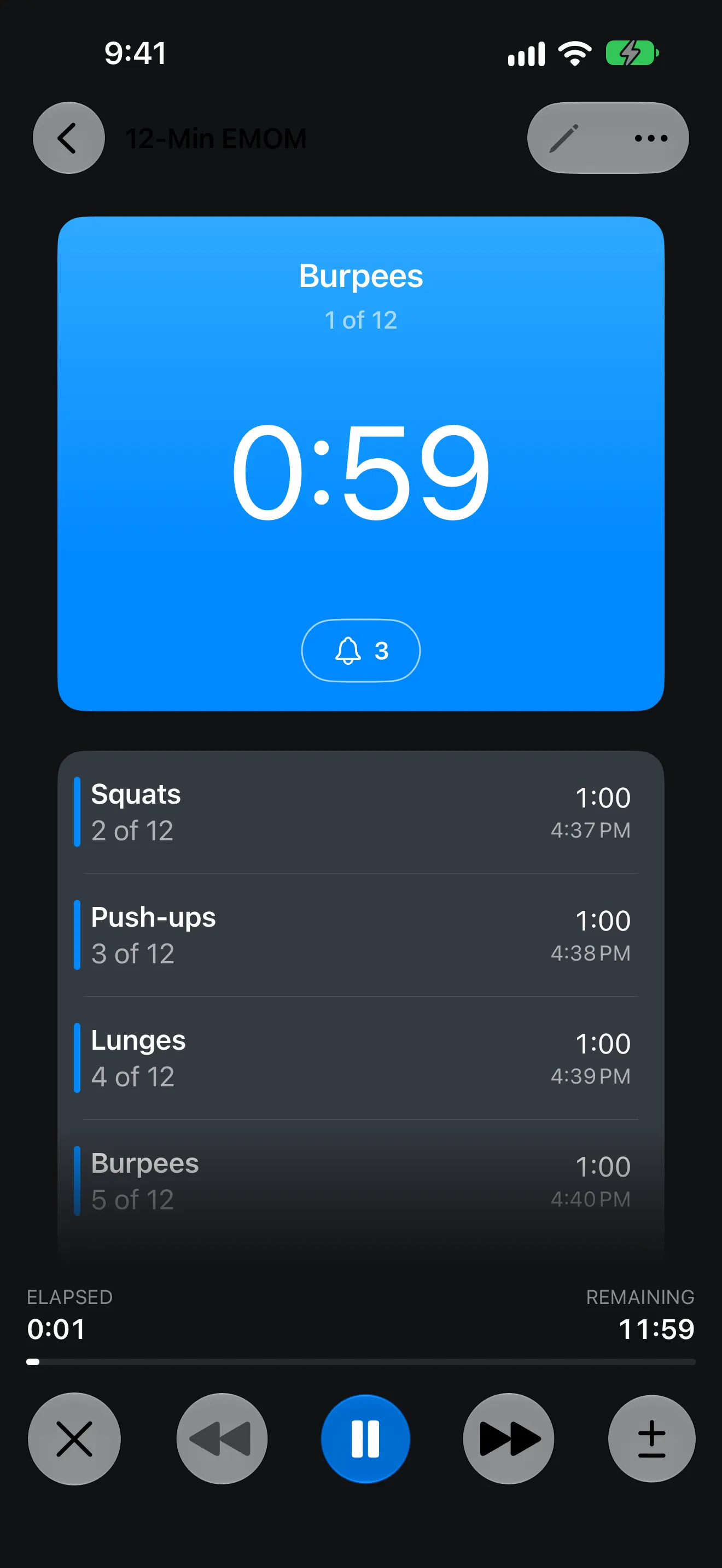 Screenshot of Timer+ showing an EMOM routine in progress.
