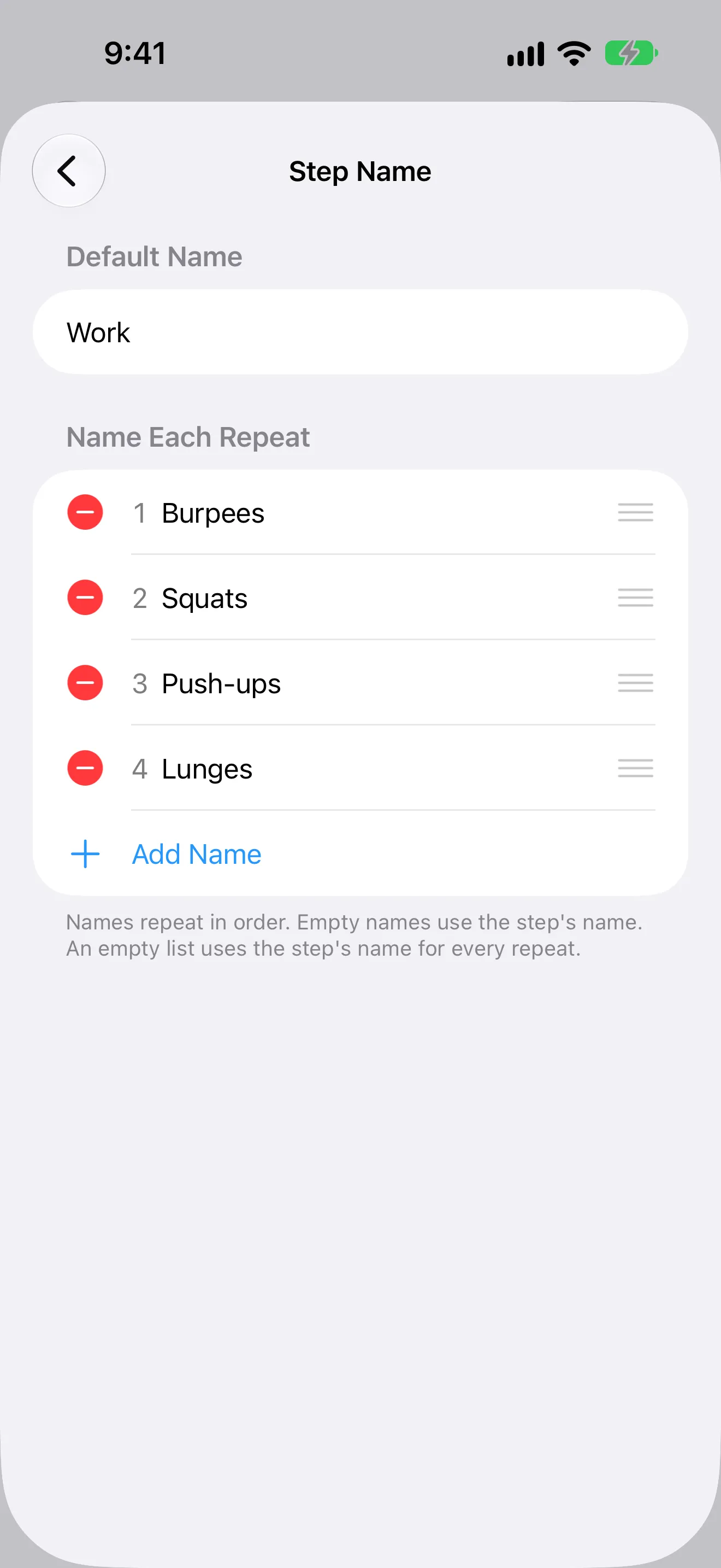 Screenshot of Timer+ showing a different exercise name for each repeat of an EMOM routine.